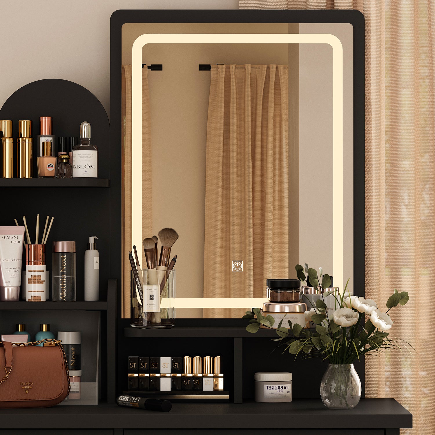 Modern Vanity Desk With LED Mirror, 5 Drawers, Shelves And Matching Stool, Makeup Dressing Table