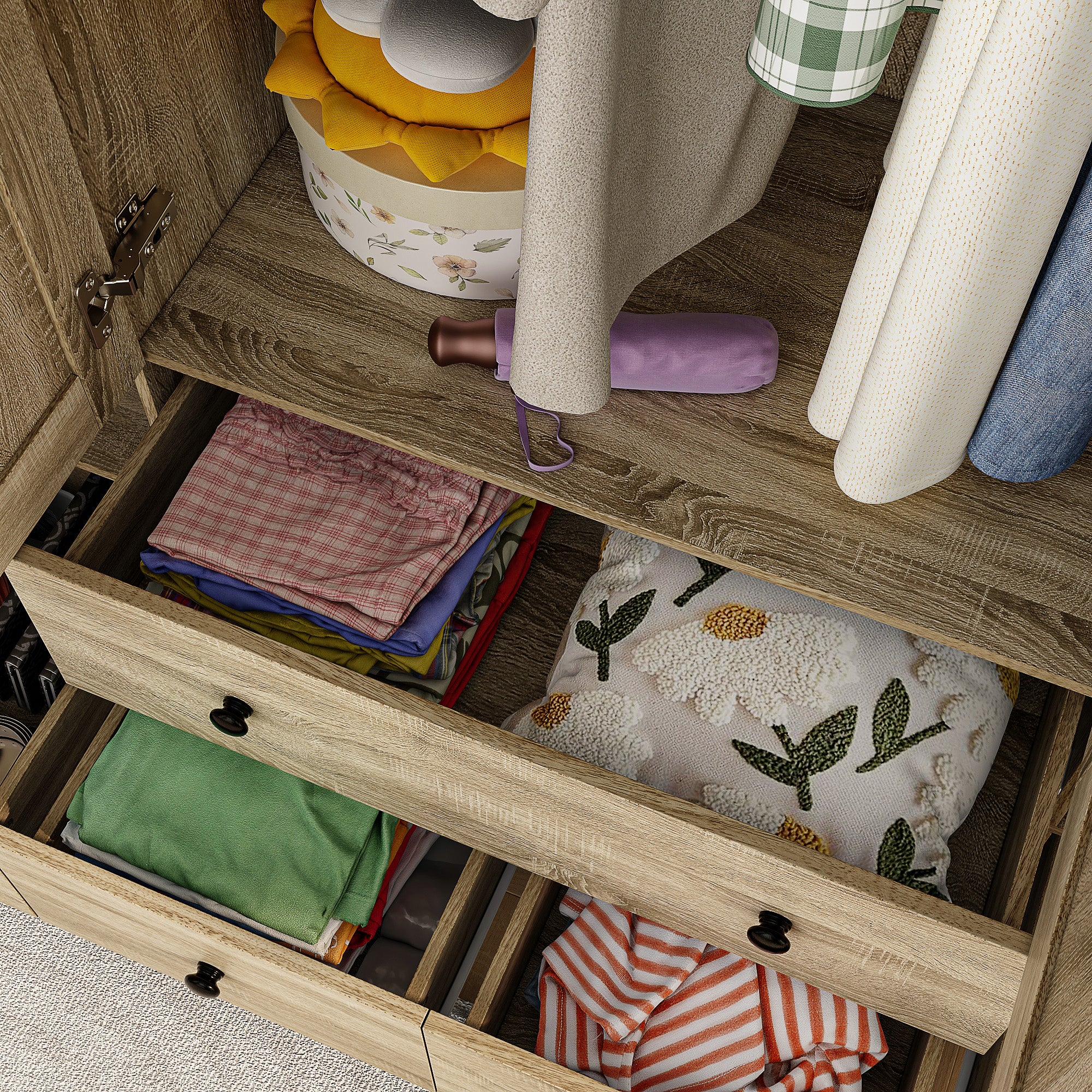 Rustic Four-Door Wardrobe With Rattan Paneling And Six-Drawer Storage