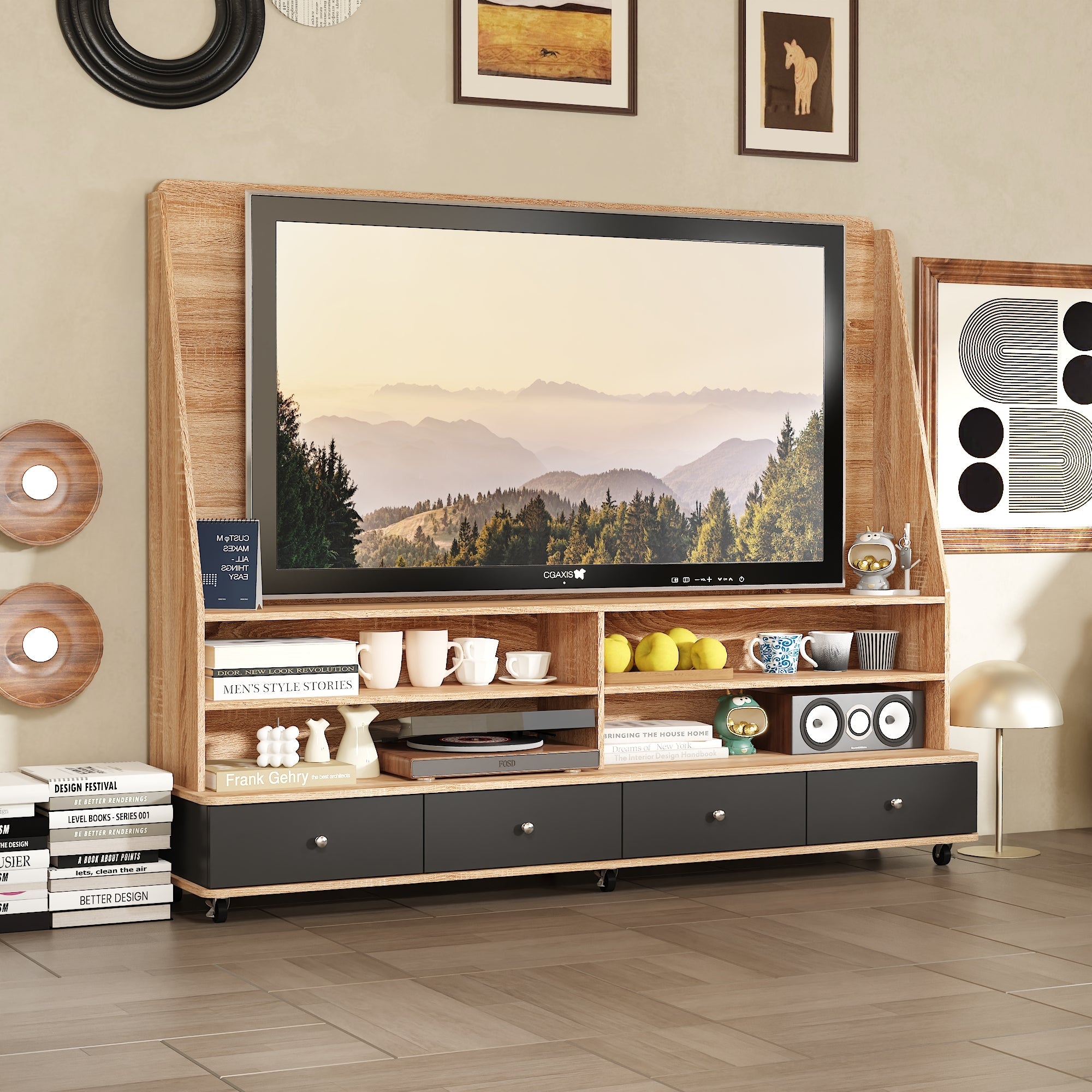 70'' W 4-Drawer TV Stand Media Console With TV Bracket And 6-Wheel