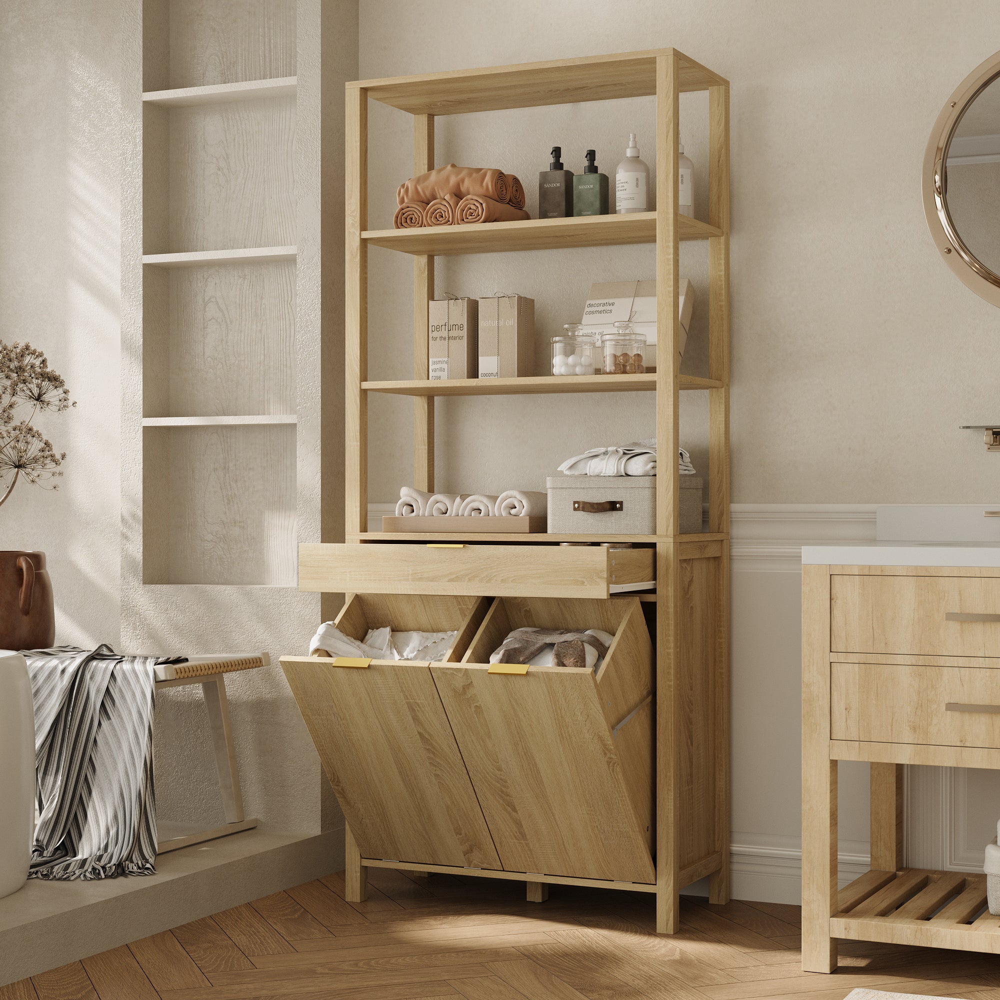 Tall Waterproof Laundry Hamper Cabinet With 2 Tilt-Out Baskets And Drawer, Open Shelves Organizer, Oak Finish, 70.8" H