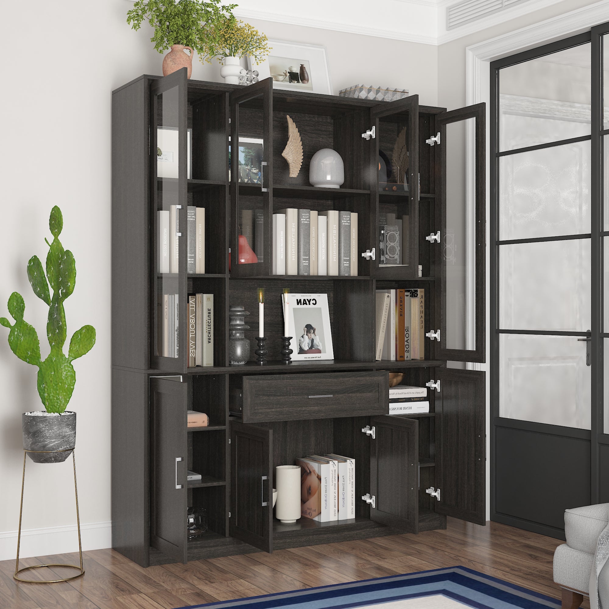 80'' H X 60.6'' W 6-Tier Bookcase With Glass Doors & Drawer