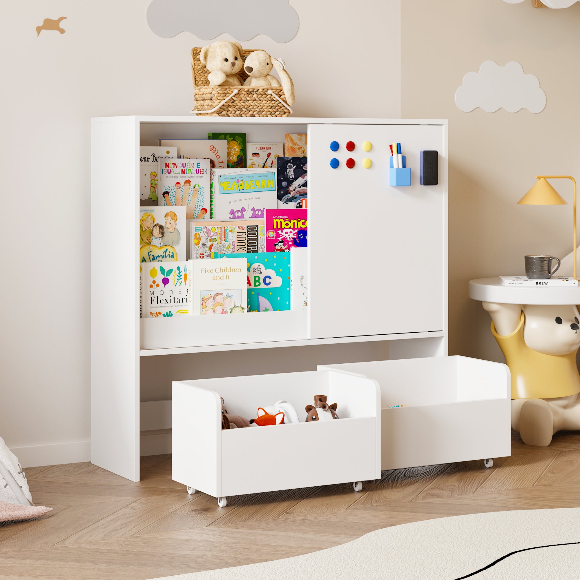 Kids Sliding Door Bookcase With Magnetic Whiteboard
