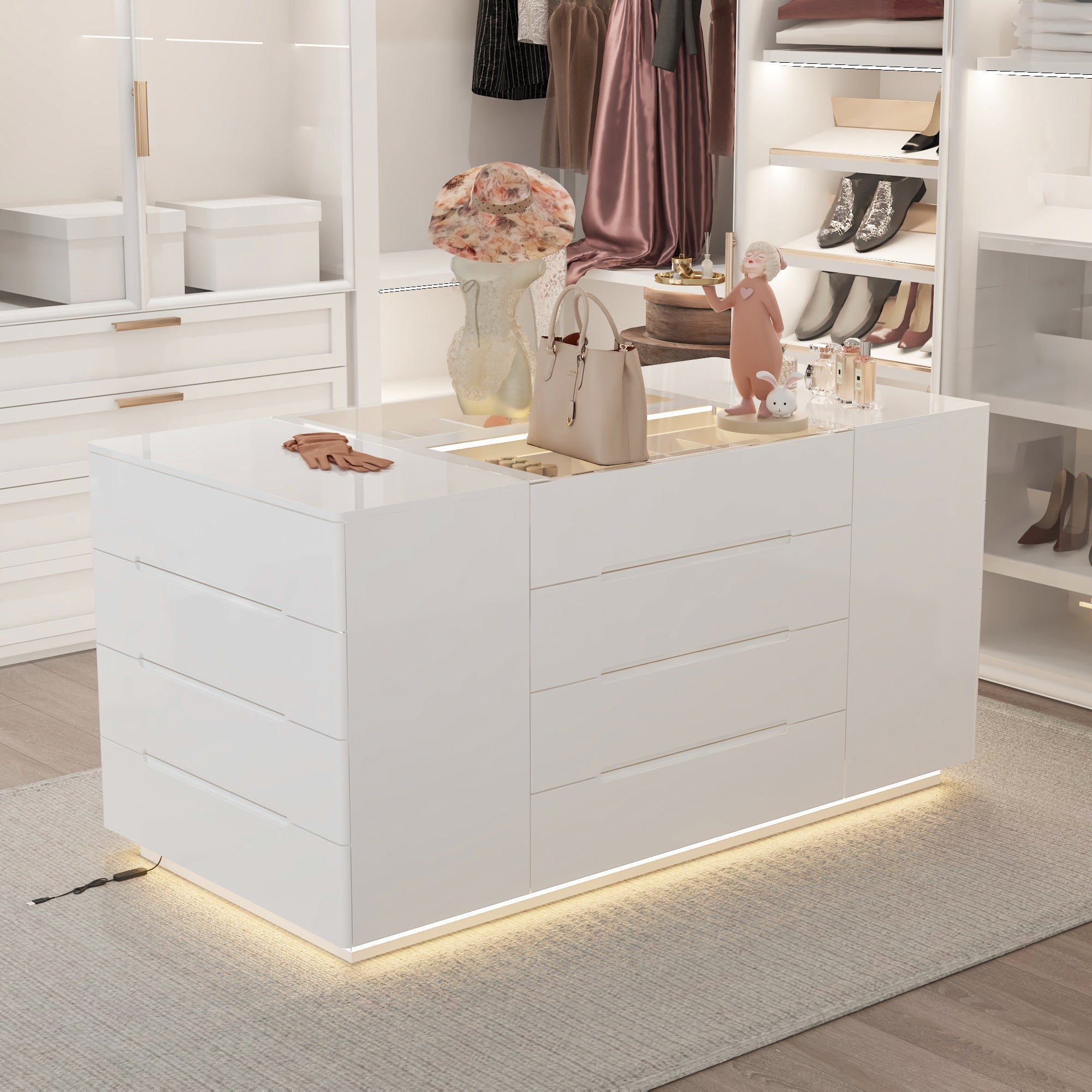 16-Drawer Chest With Graceful Design And Tempered Glass Top