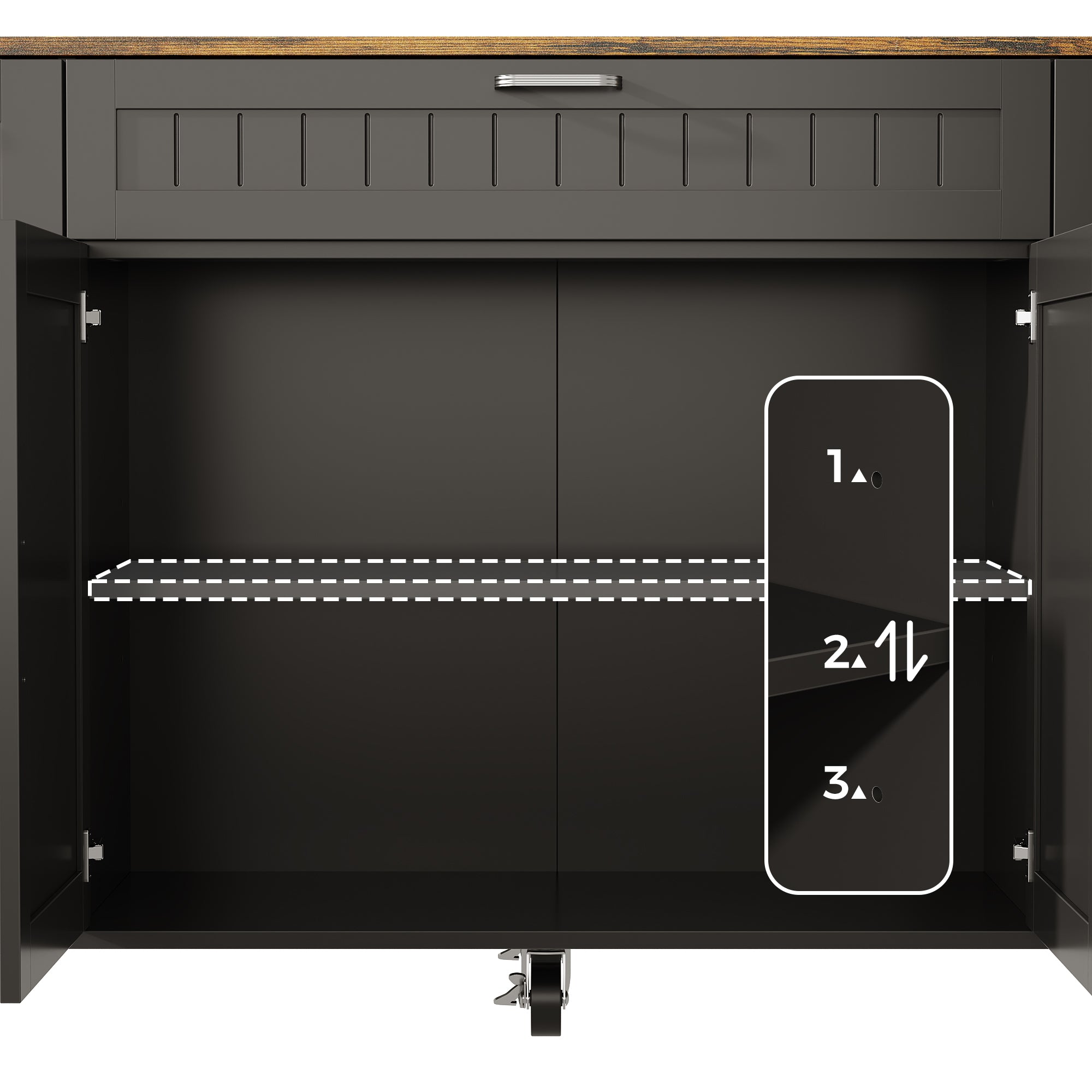 Black kitchen island with wood top, drawers, cabinet doors, towel bar, and wheels