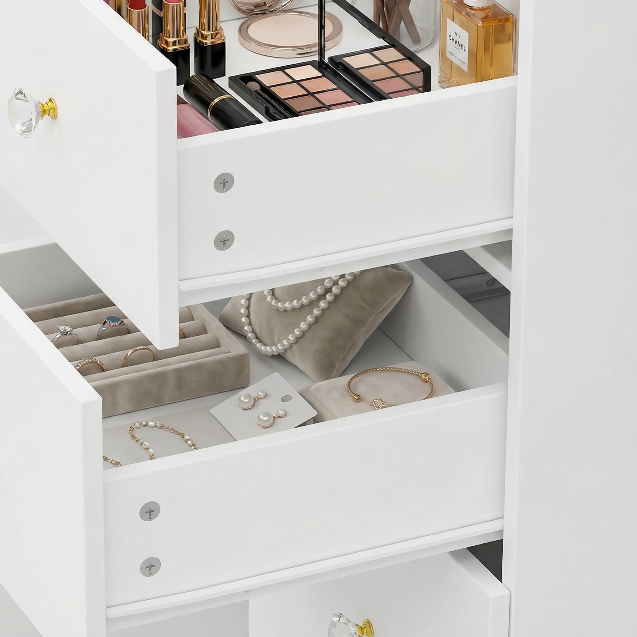 White makeup vanity with full-length LED mirror, side shelves, and drawer storage