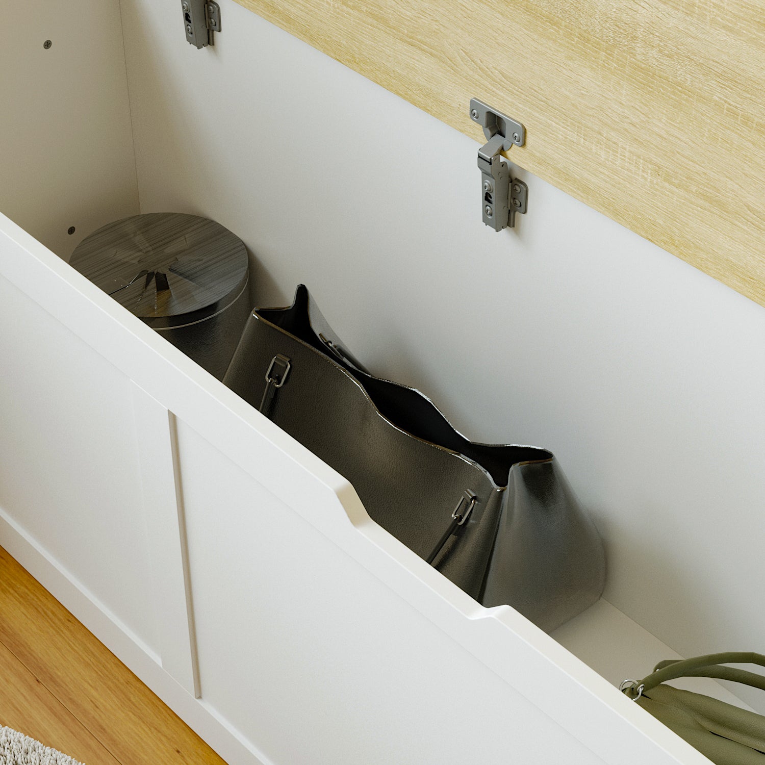 White corner shoe cabinet with bench seating and hidden storage