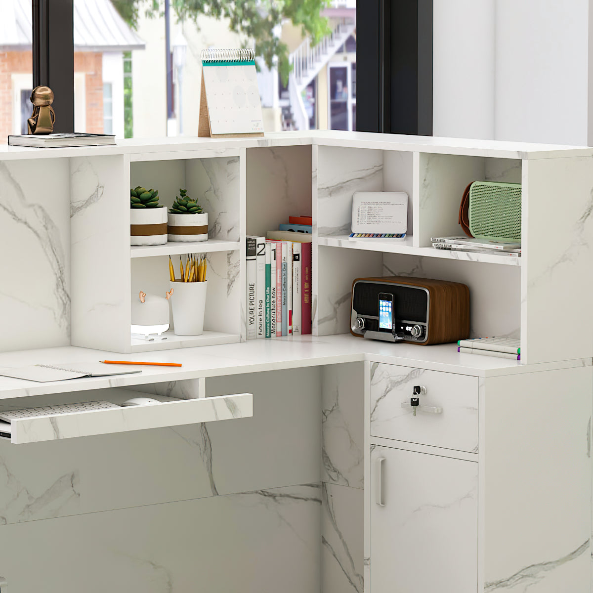 L-Shaped Reception Desk with Large Storage Filing Cabinets