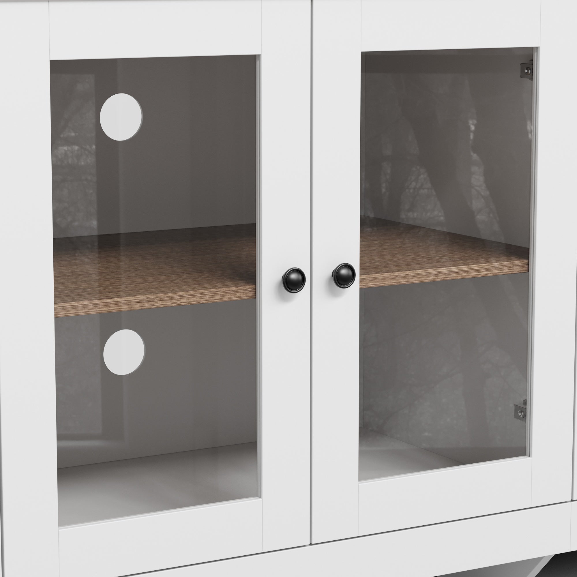 White TV stand with wood top, glass cabinet doors, drawers, and adjustable storage shelves
