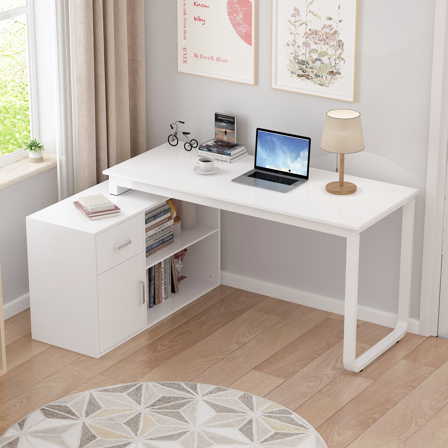 White L-shaped desk in a room with a laptop, books, and decor items.