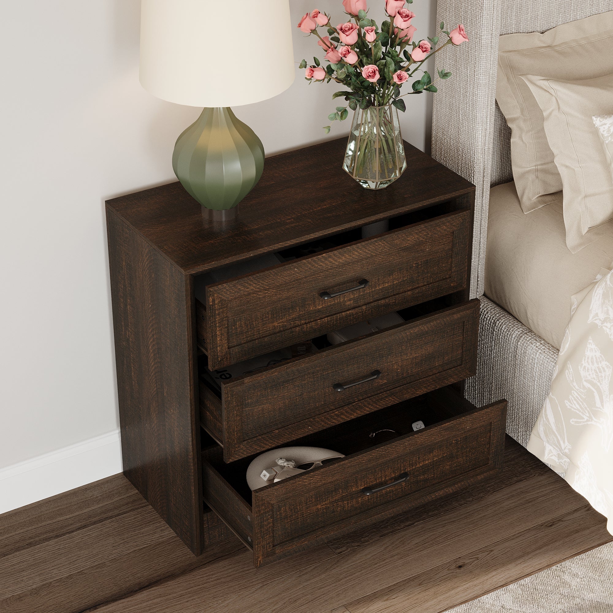 3-Drawer Nightstand With Wood Grain Finish