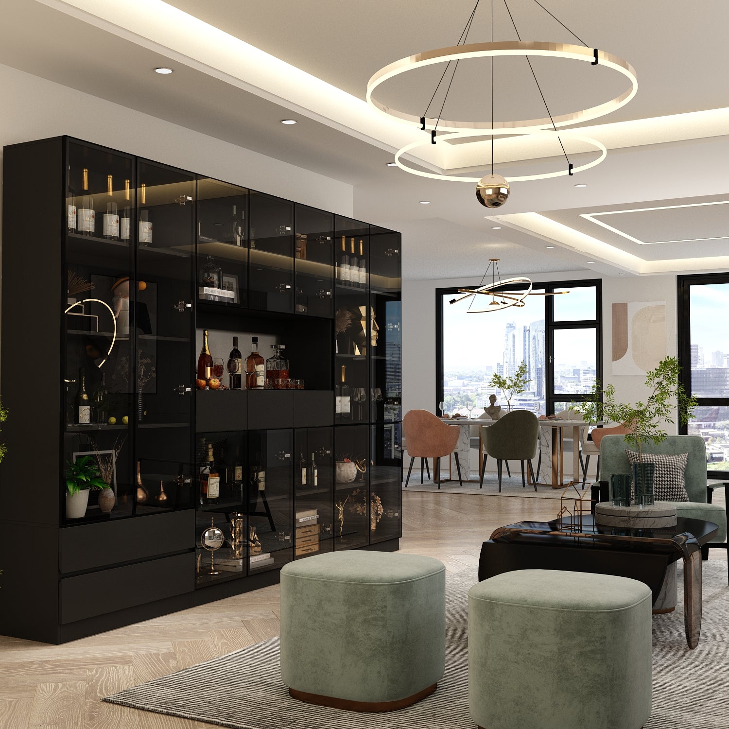 78.7'' H x 110 '' W Combination Bookcase Display Cabinet With Glass Doors & LED Lights