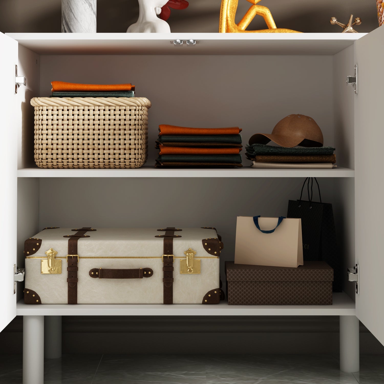 Sideboard Buffet Table Console Table in White Finish 4 U-Shaped Doors