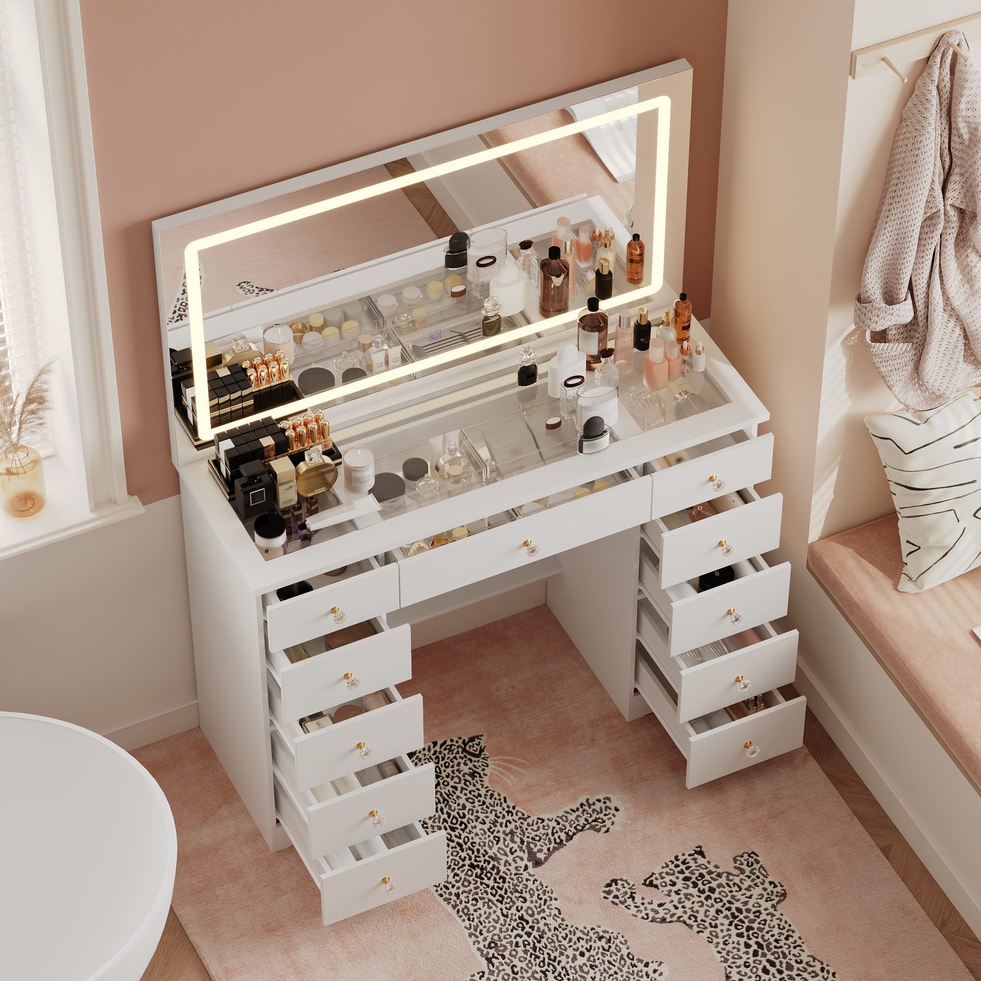 Modern Makeup Vanity With Lighted Mirror And Strong Storage