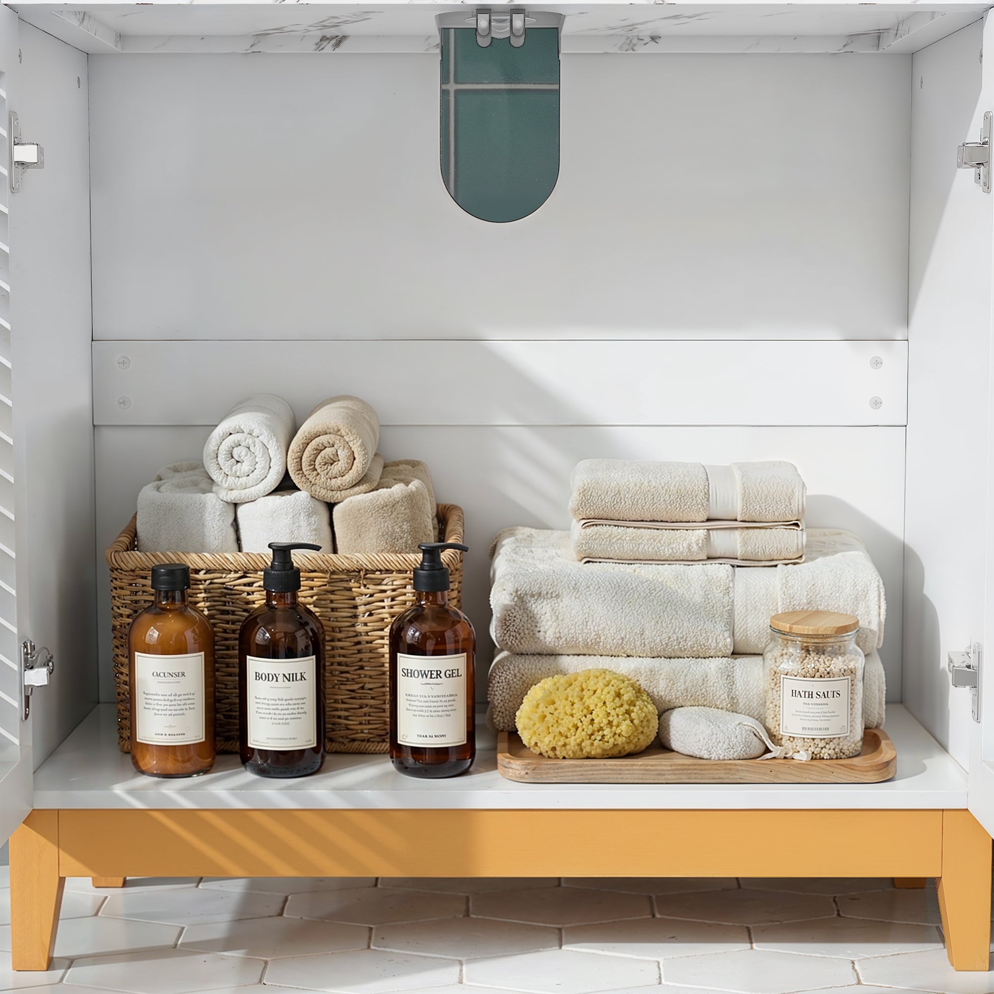 31.3 Inches White Engineered Wood Bathroom Vanity with Louvered Doors, Solid Wood Legs & Cultured Stone Vessel Sink