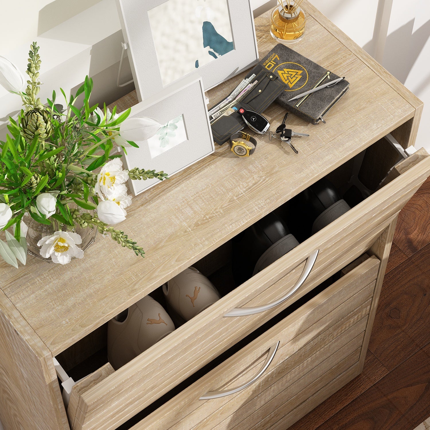 Shoe Cabinet with 2 Flip Drawers 2-Tire Shoe Storage Cabinet for Entryway