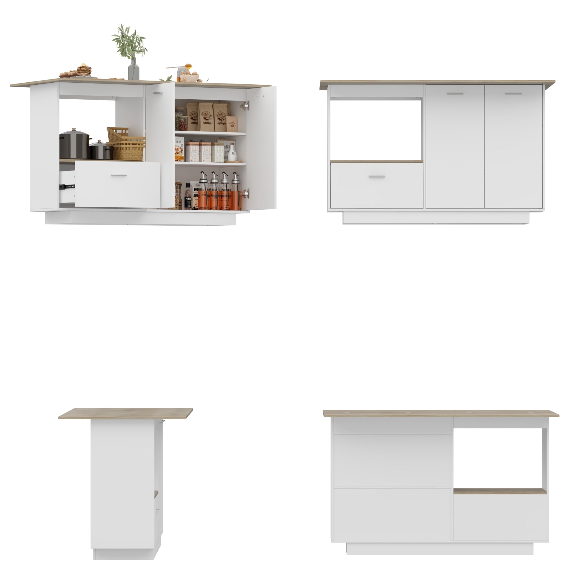 59.1 inches Modern Minimalist White Kitchen Island with Open Storage and Adjustable Shelf