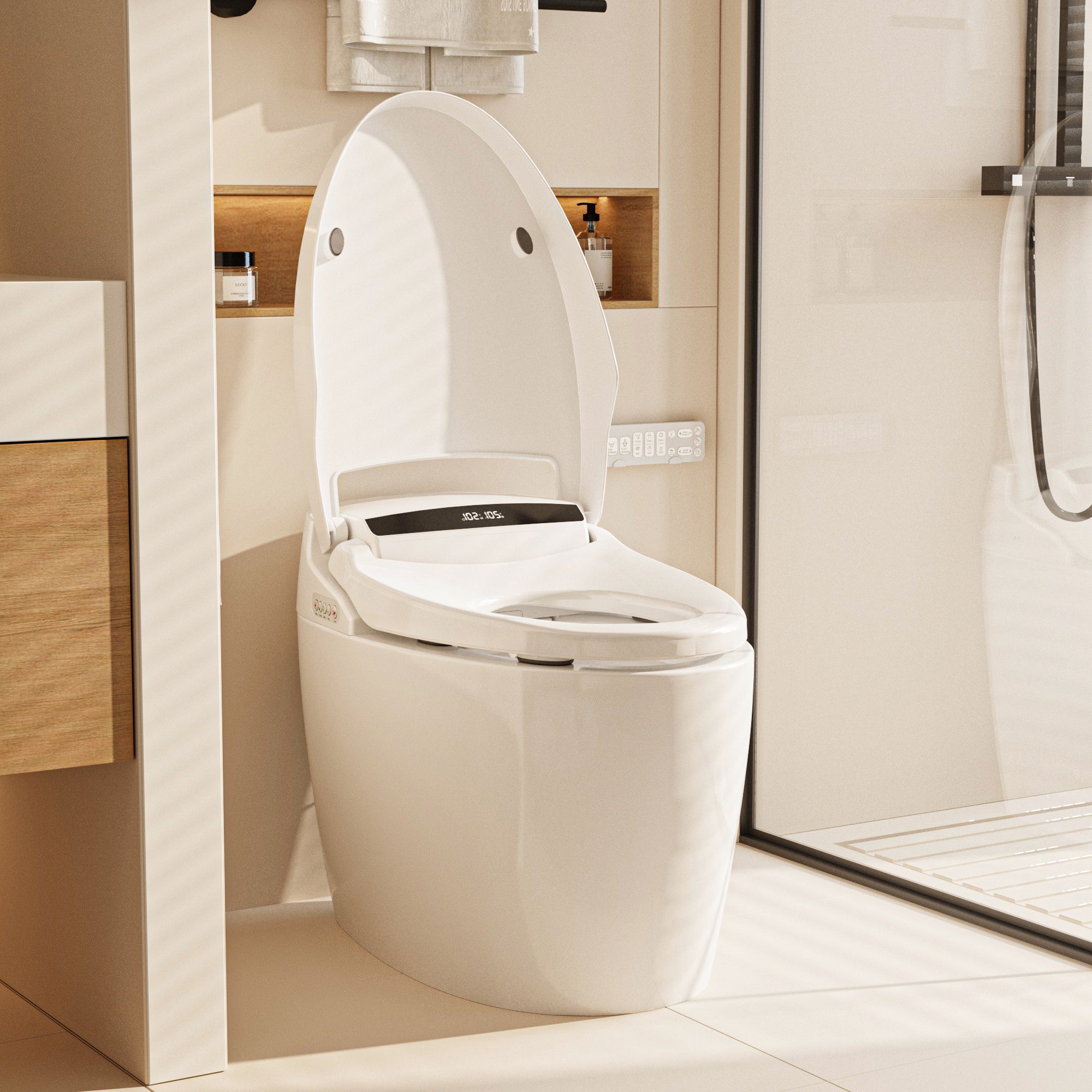 White smart toilet with closed lid, digital display, and built-in bidet