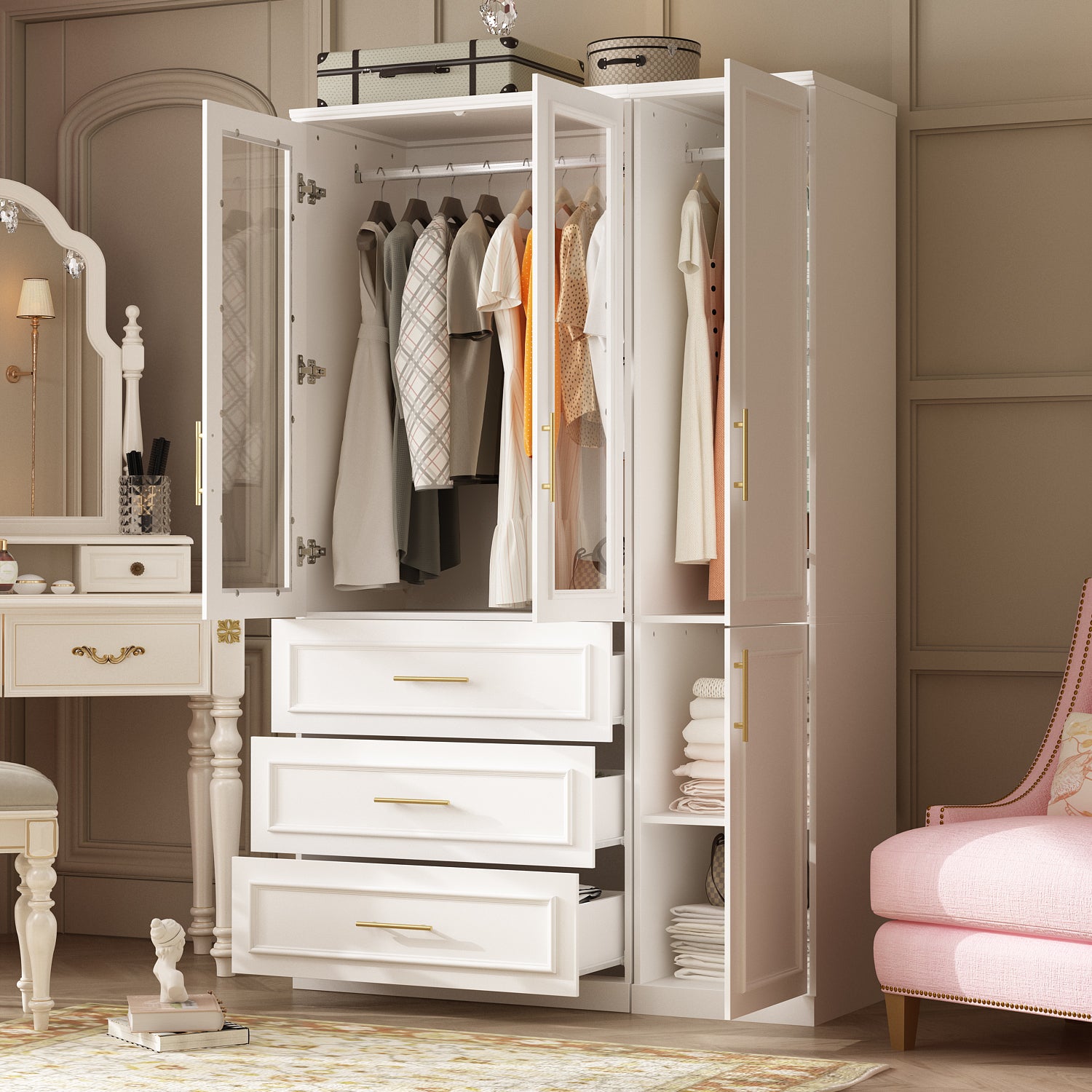 74.9"H Bedroom Armoire with Glass Doors, 3 Drawers & Hanging Rod for Organized Clothing Storage