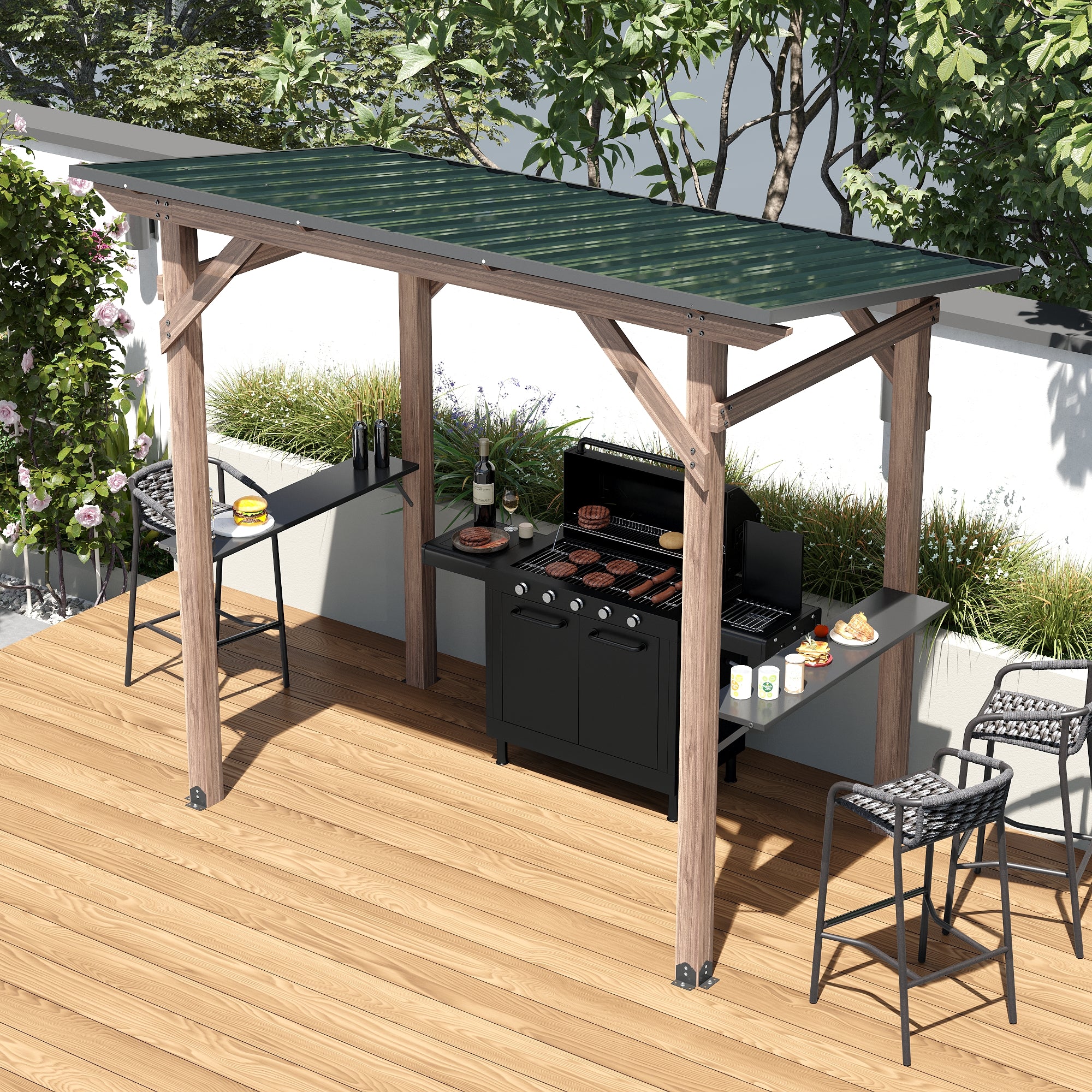 Cedar Wood Grill Gazebo Hardtop Roof With Side Tables For Patio BBQ Shelter