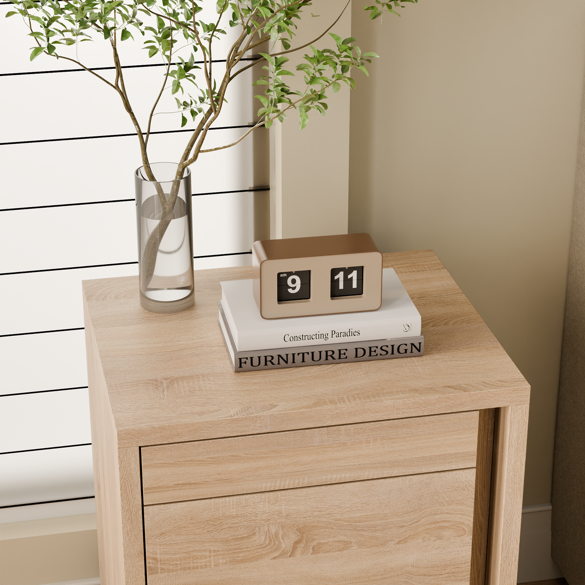 23.6" Oak Engineered Wood 3-Drawer Lockable Smart Nightstand with Hidden Gun Storage Cabinet
