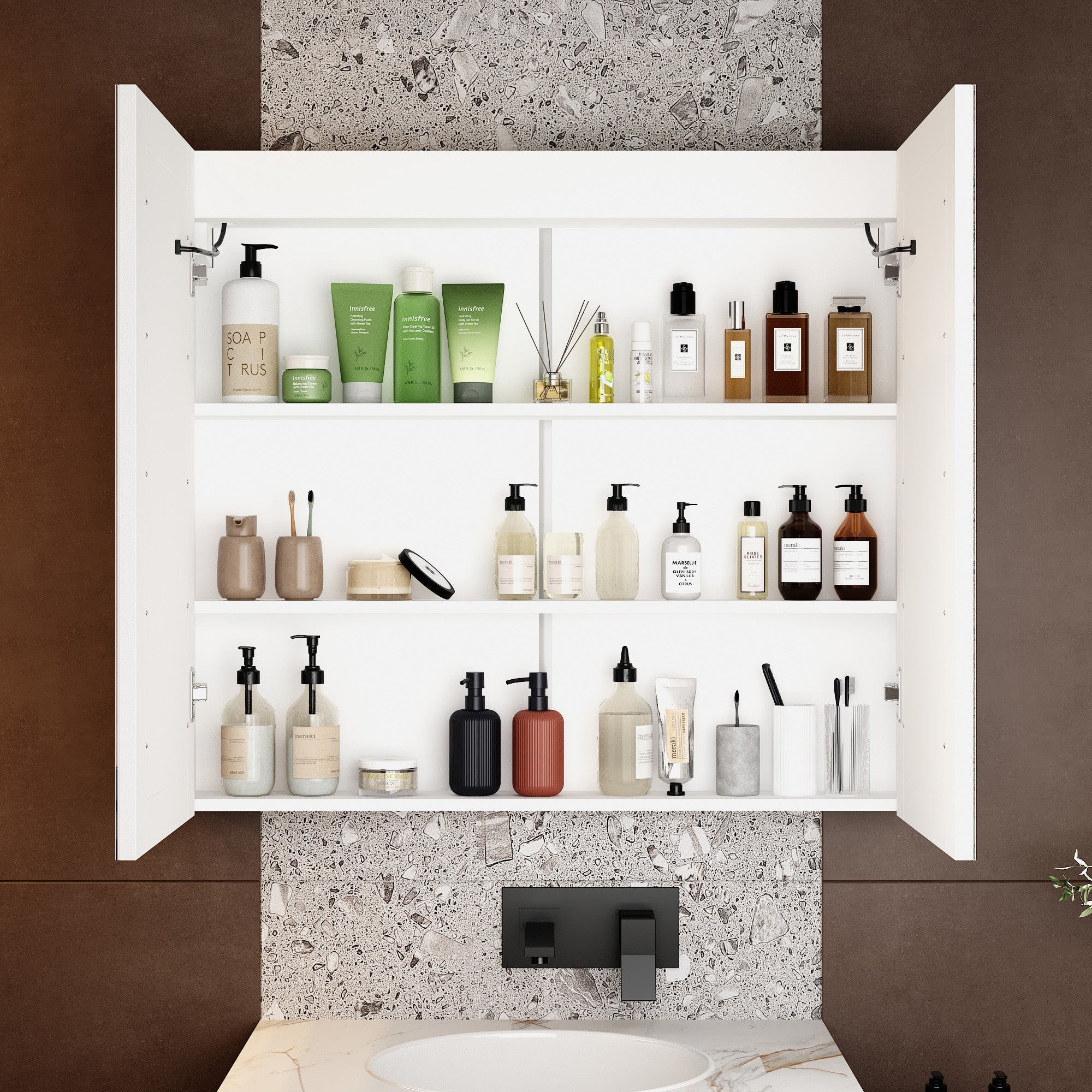 35.4'' W 31.5'' H Surface Frameless Medicine Cabinet with Mirror and 3 Fixed Shelves