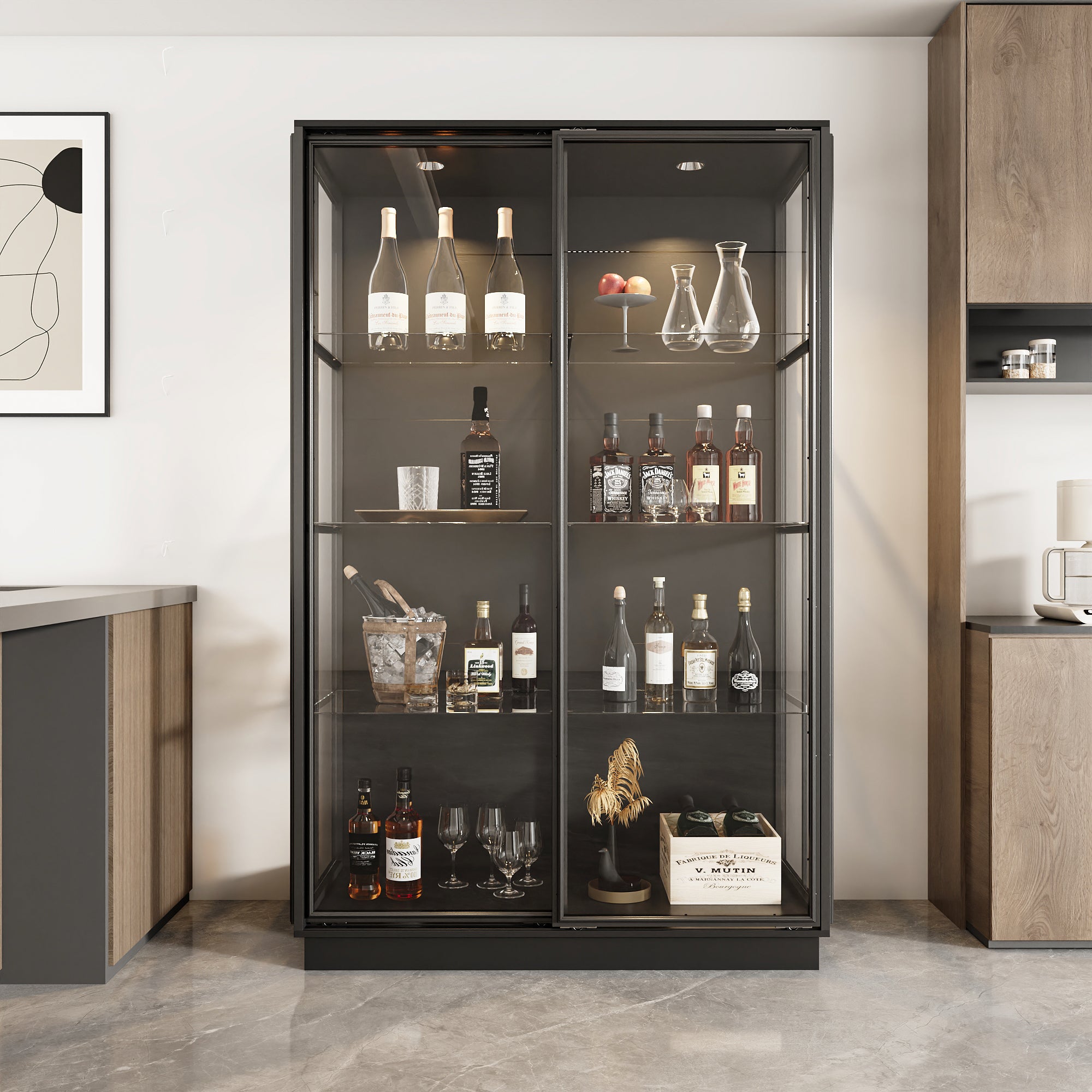 75'' H X 48'' W x 23.6'' D 4-Tier Display Cabinet Bookcase With Glass Doors And LED Light