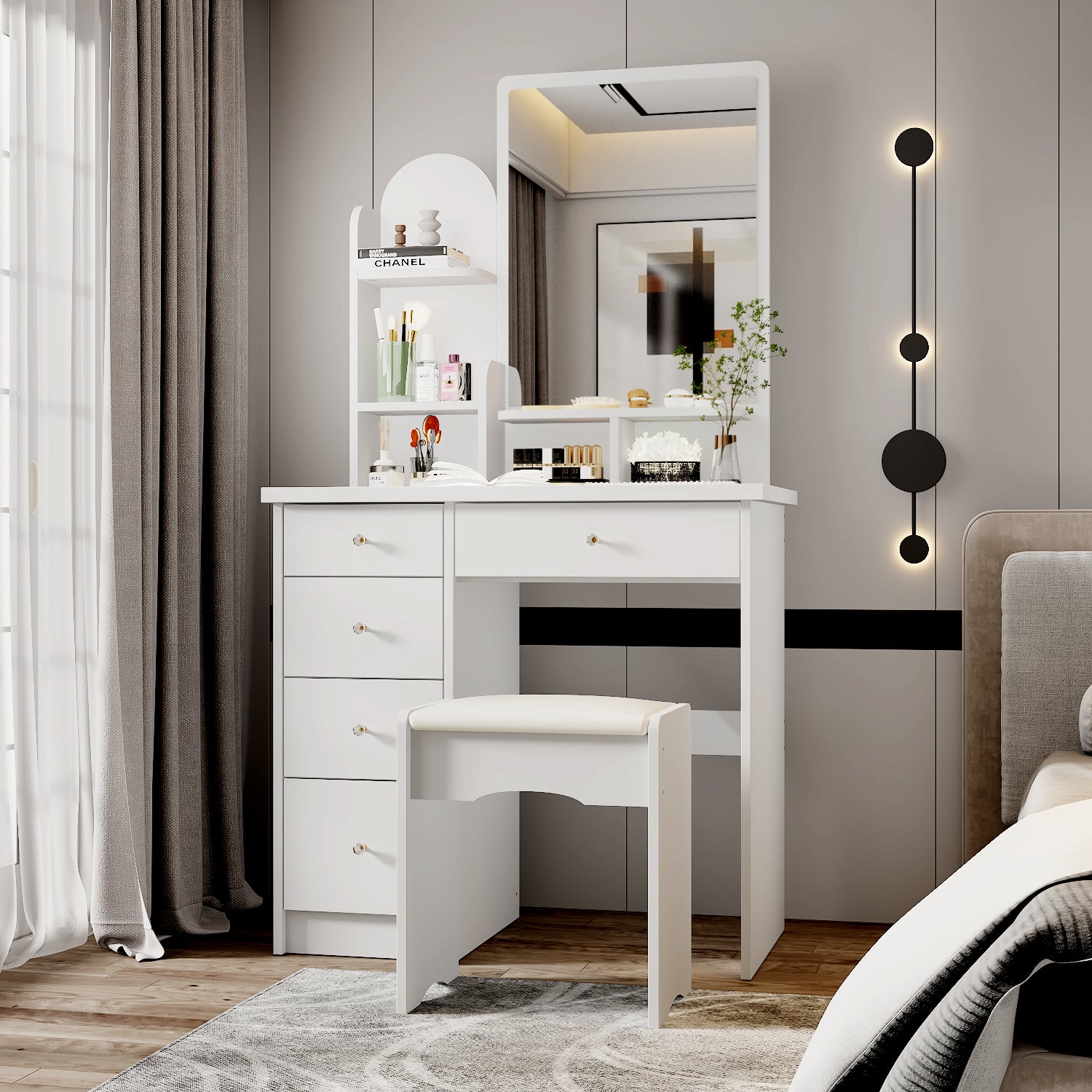 Modern Vanity Desk With Mirror, 5 Drawers, Shelves And Matching Stool, Makeup Dressing Table