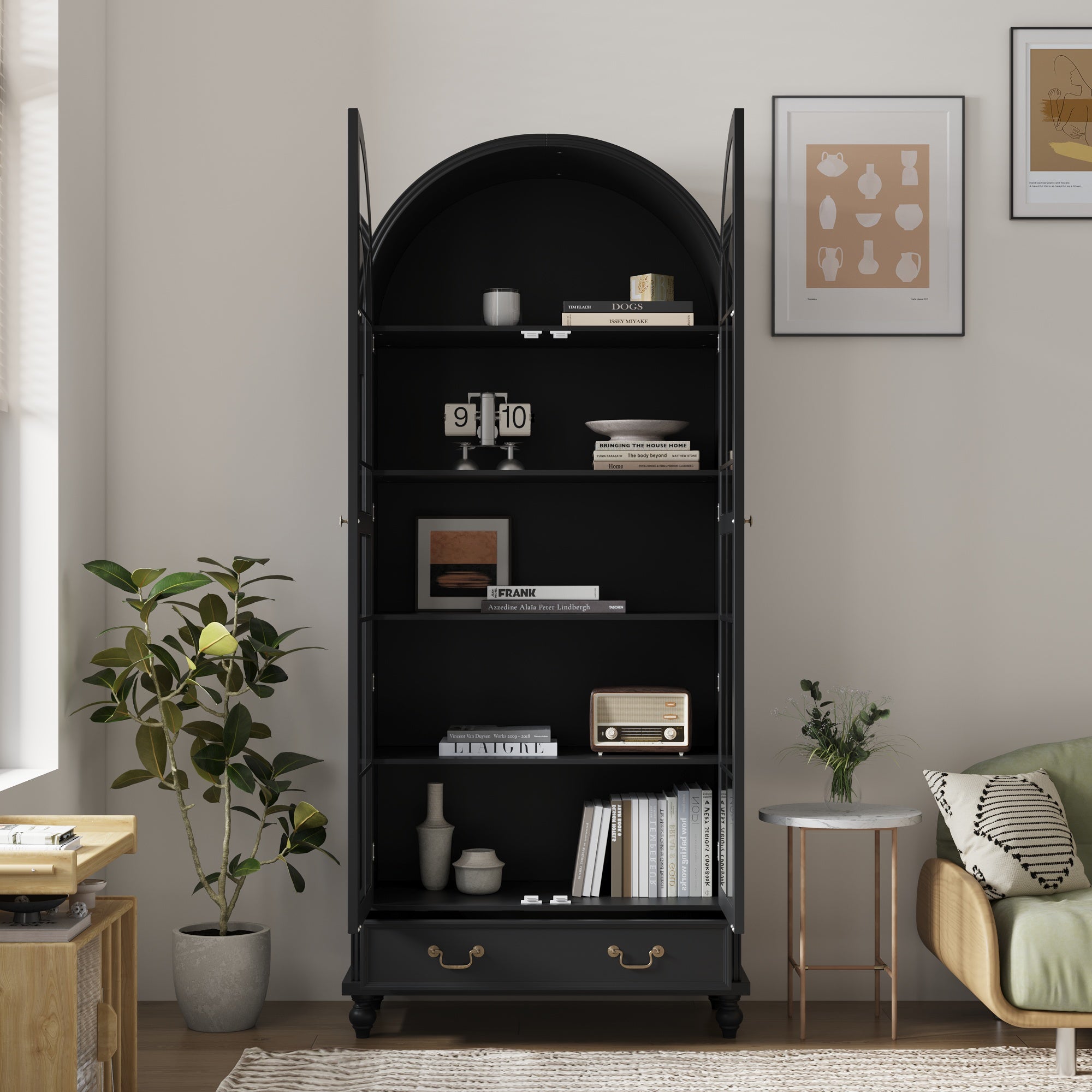 77'' H 2-Drawer Arched 5-Tier Bookcase Display Cabinet With Glass Doors