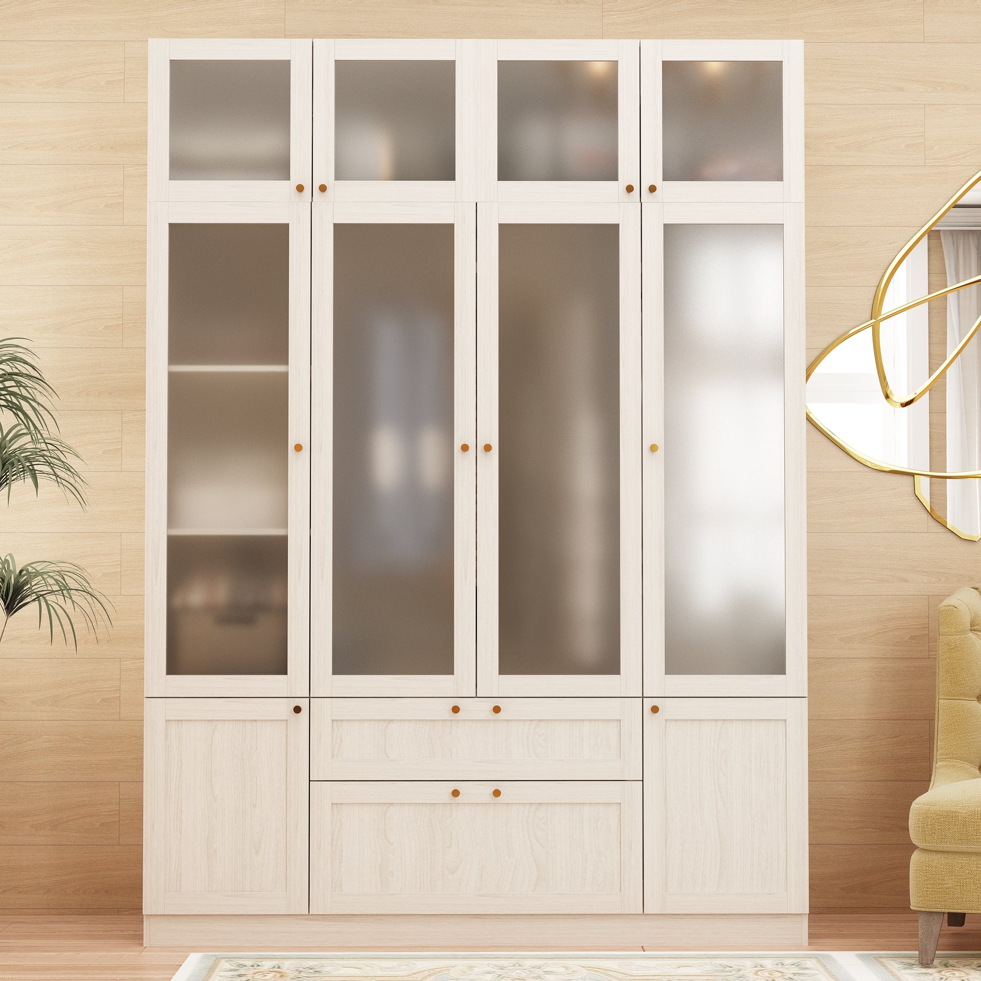 Modern Scandinavian Wardrobe With Frosted Glass Doors And Brass Accents – Spacious Storage Solution With Adjustable Shelves And Drawers