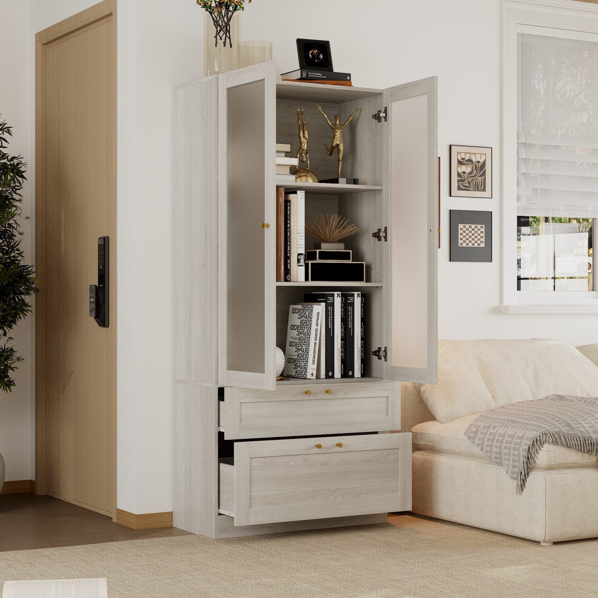 Elegant Glass Display Cabinet With Gold Handles And Storage Drawers