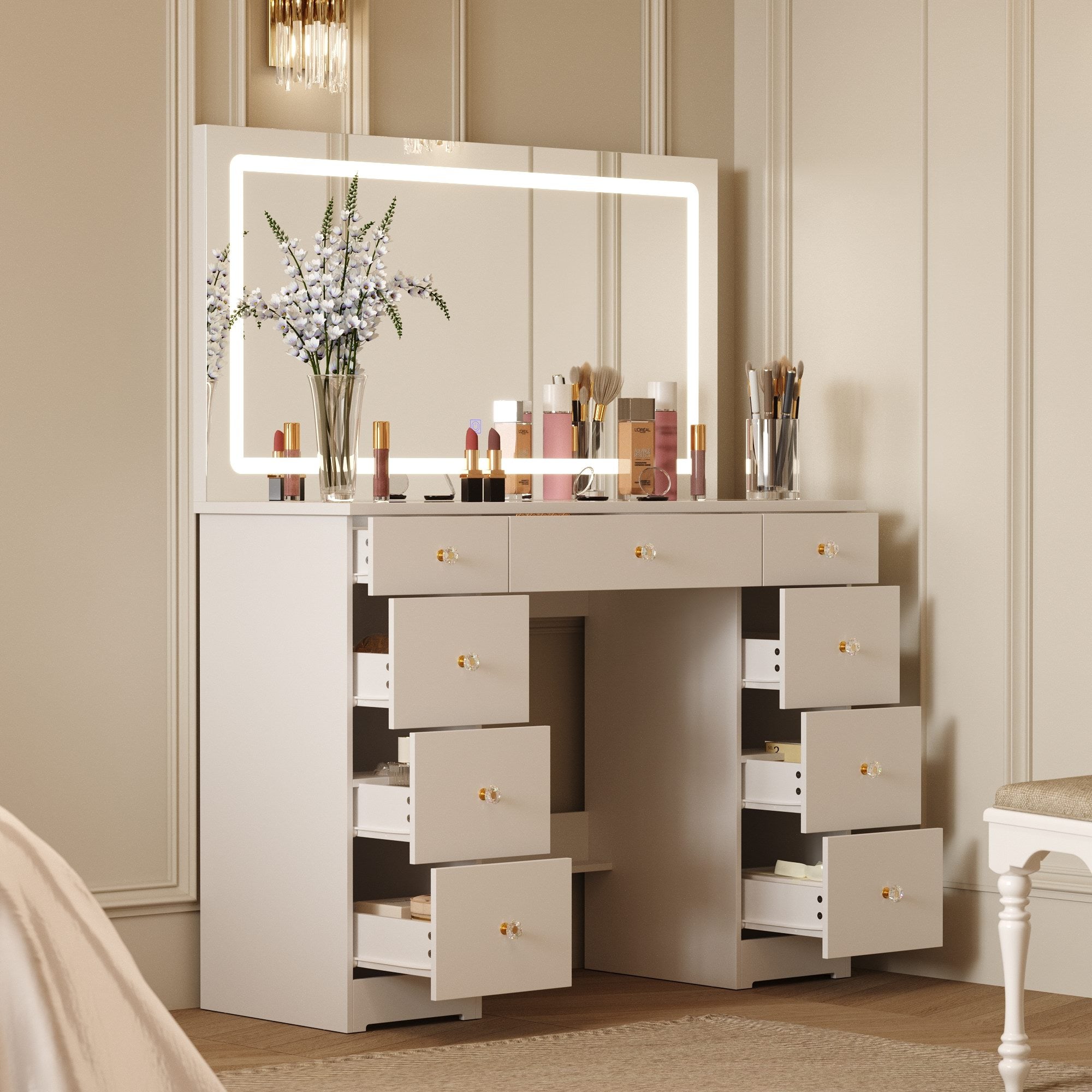Modern Makeup Vanity With Lighted Mirror And Strong Storage