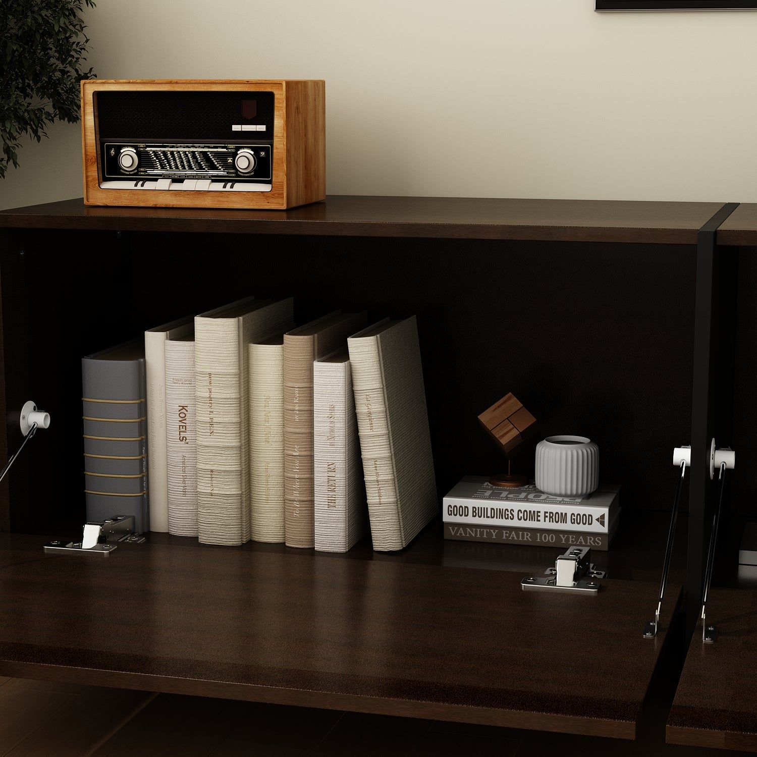 Modern Minimalist TV Stand With Hidden Storage And Soft-Close Hinges, 71.7 Inches, Dark Walnut