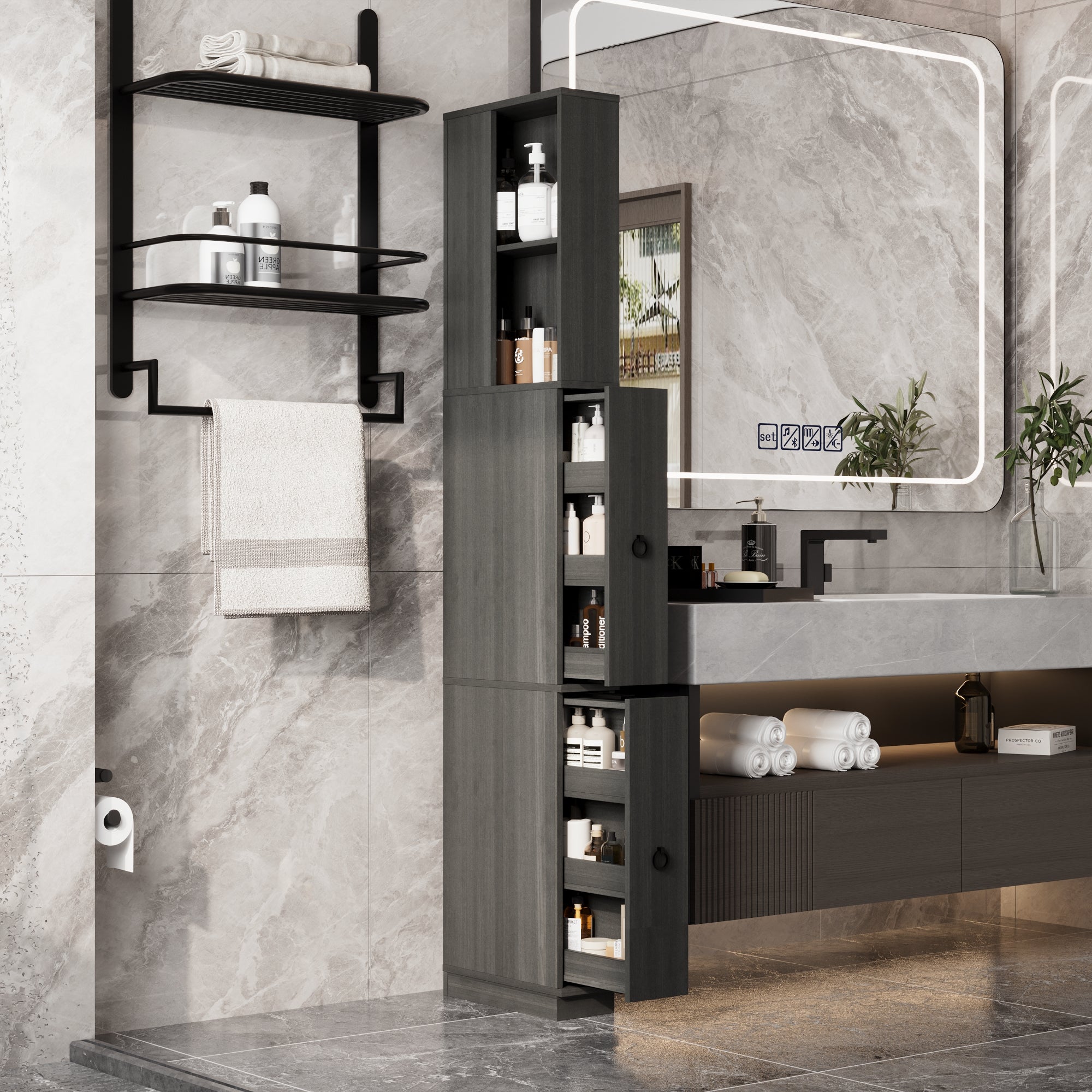 Narrow Bathroom Storage With Shelves And Drawers