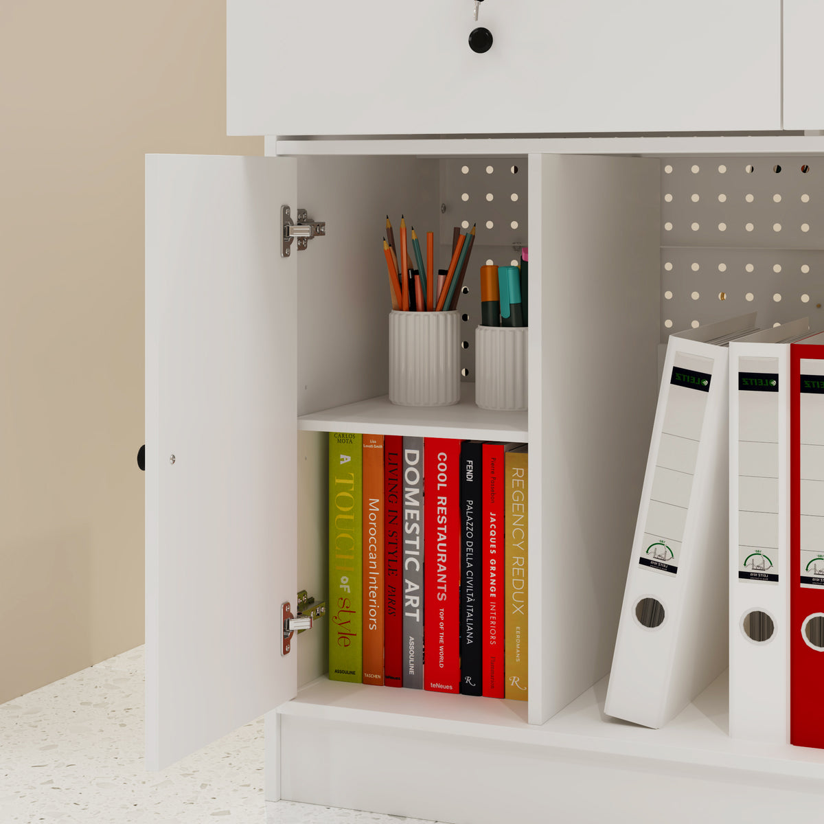 47.2 inches White Reception Desk with Metal Pegboard, Locking Drawers and Large Storage