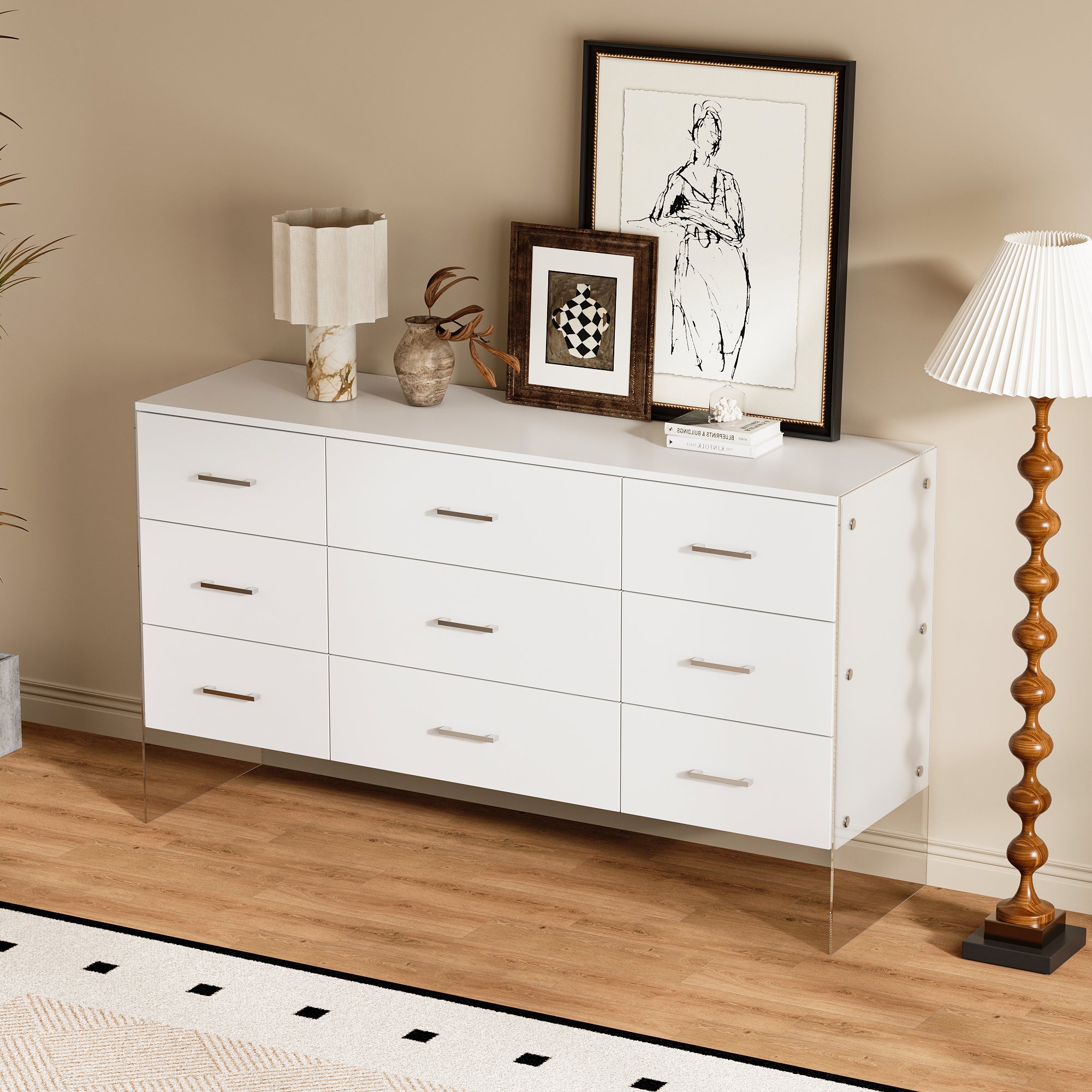 55.1" Wide 9-Drawer Dresser With Glass Legs