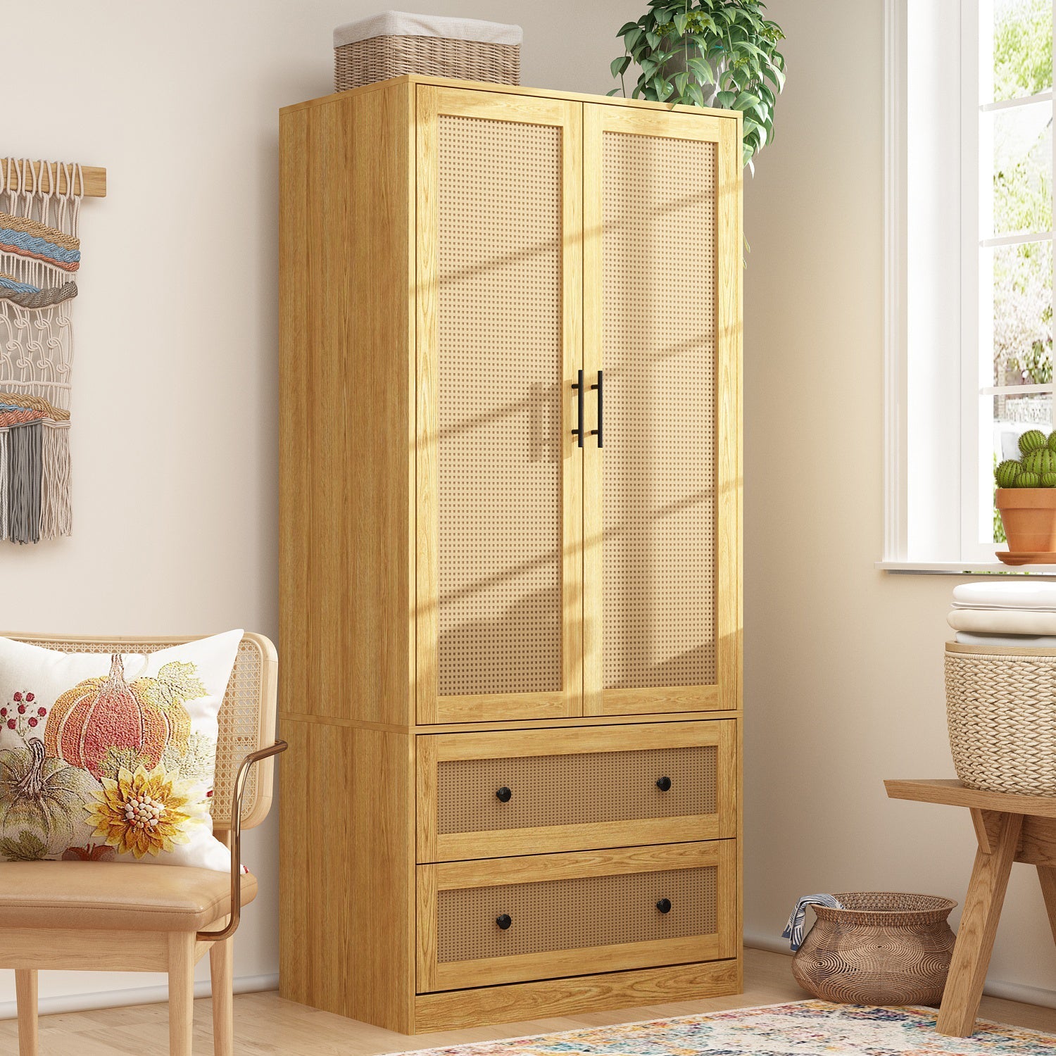 Wooden Wardrobe Armoire with 2 Doors 2 Drawers Bedroom Closet with Hanging Rod Storage Drawers