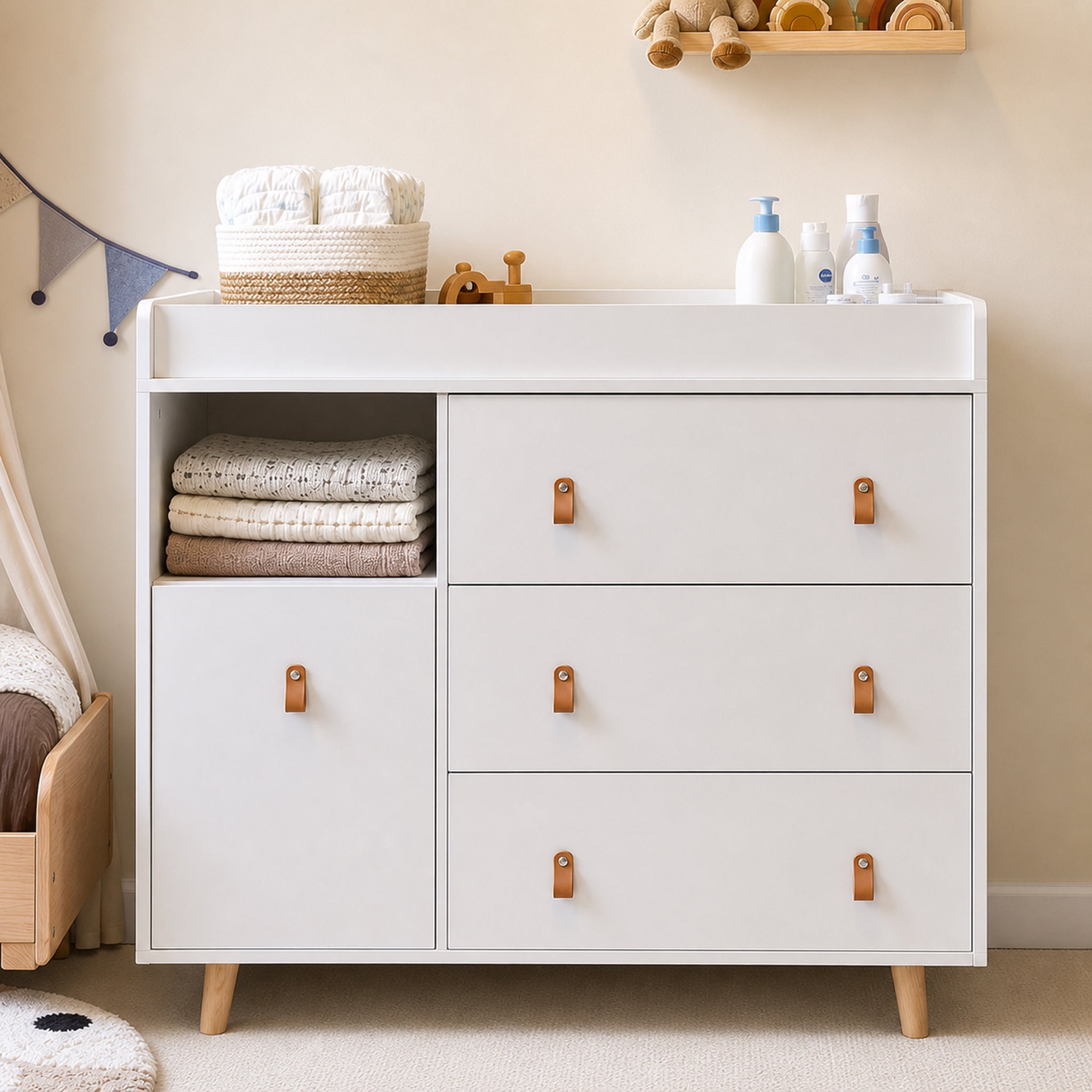 44.9" Modern Minimalist White/Wood 4-Drawer Nursery Changing Table Dresser
