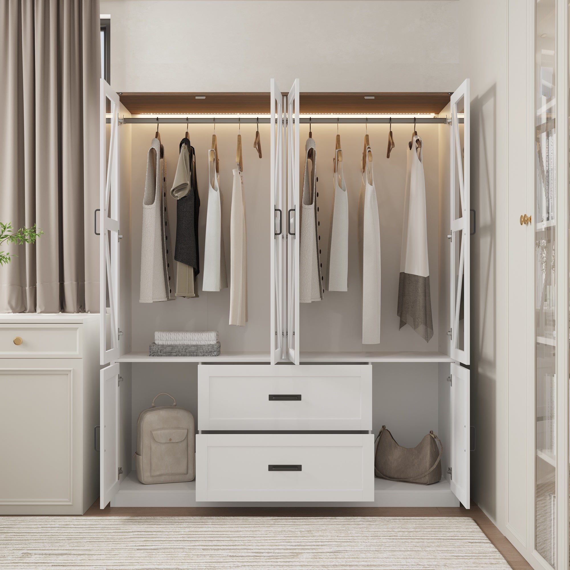 Modern Wardrobe With 3-Color-Lights And Tempered Glass Door