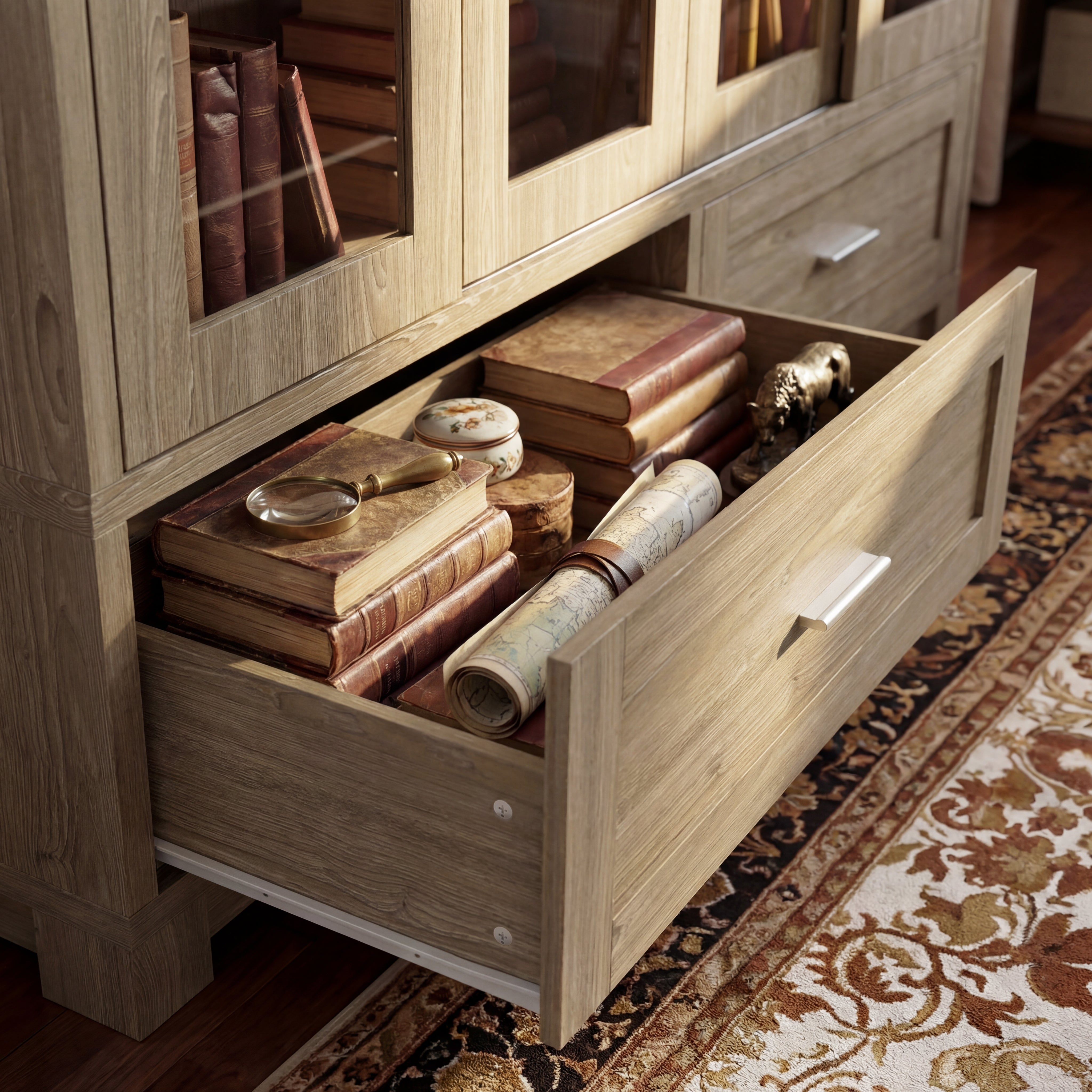 63 inches Modern Rustic Wood China Cabinet with 2 Drawers and 4 Sliding Glass Doors