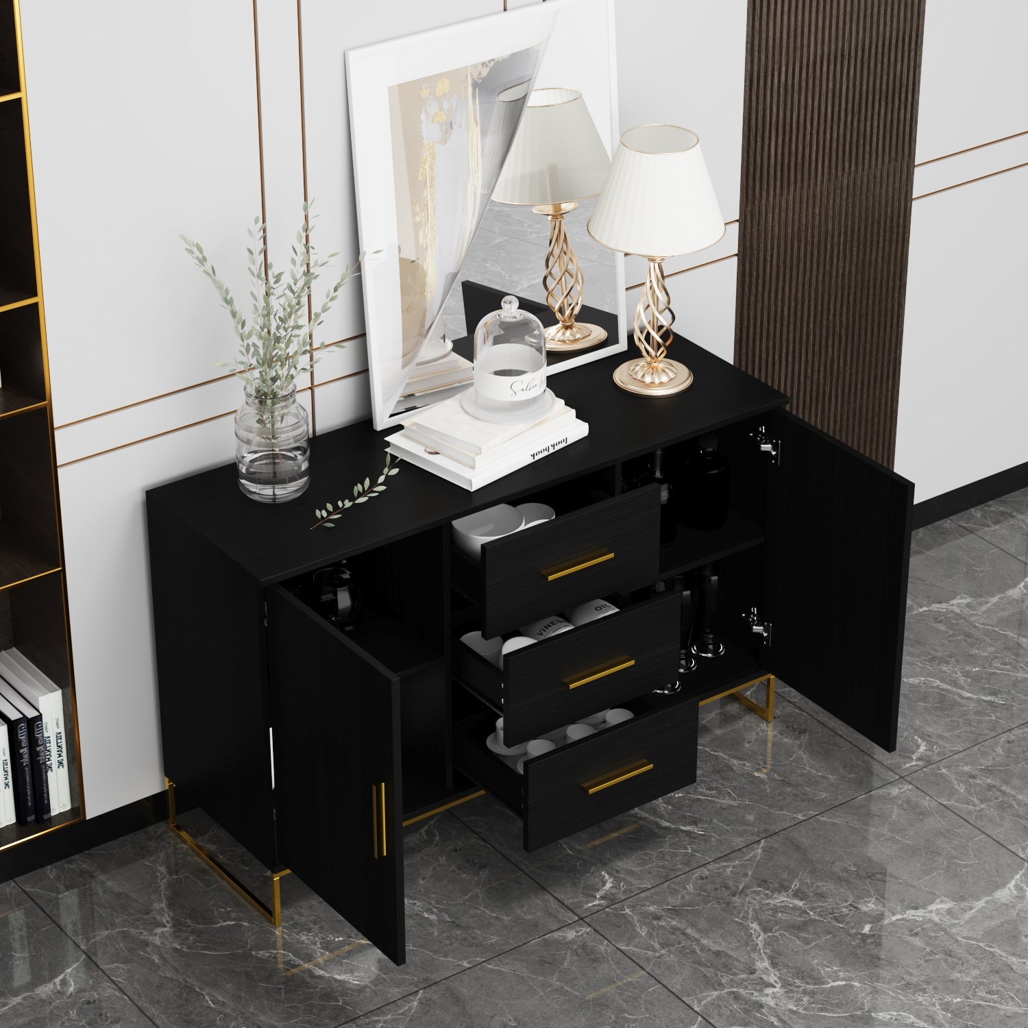 Buffet Sideboard with 3 Drawers & 2 Doors Storage Cabinet Sideboard Credenza Metal Legs for Dining Room and Living Room