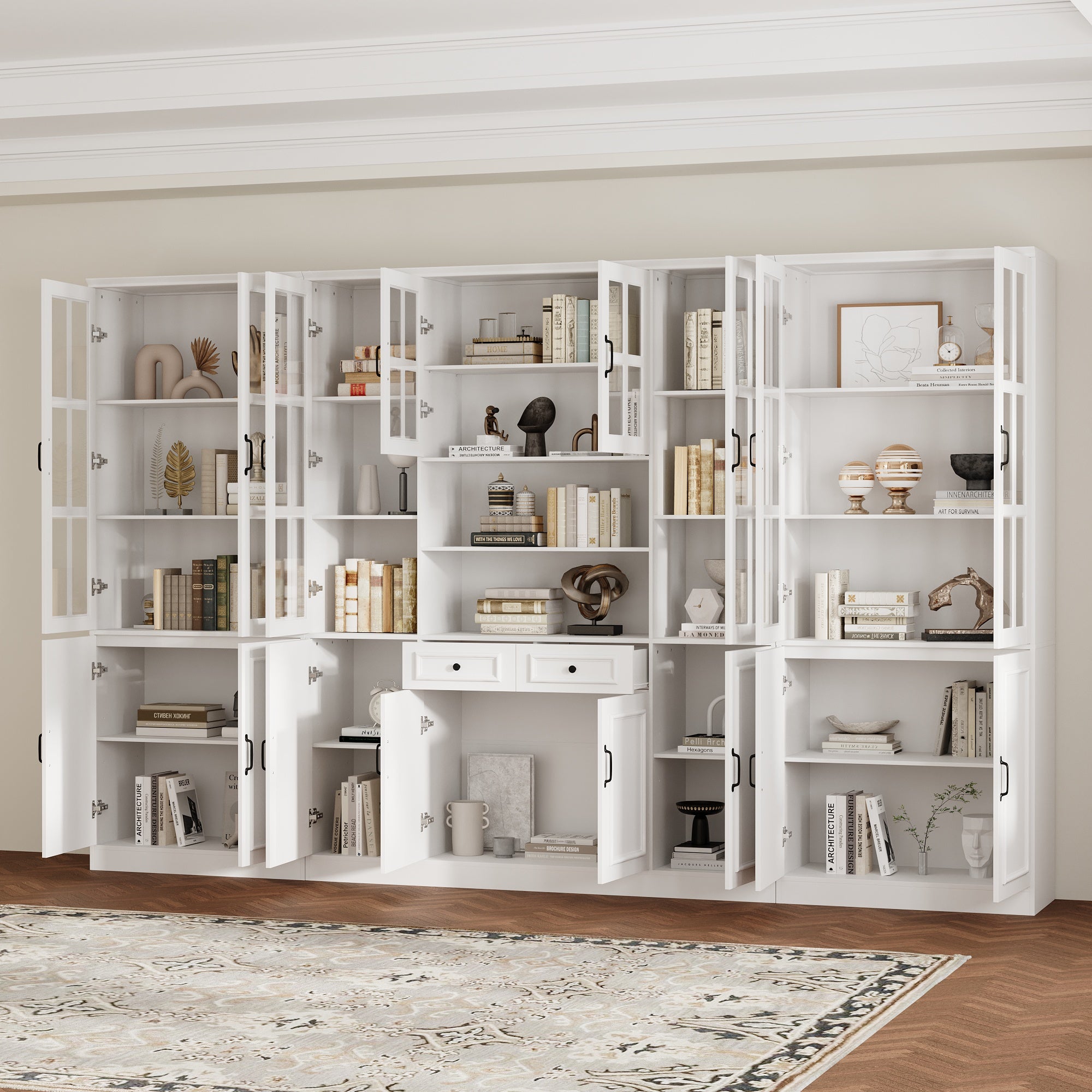 White bookcase set with glass doors, lower cabinets, and center open shelves