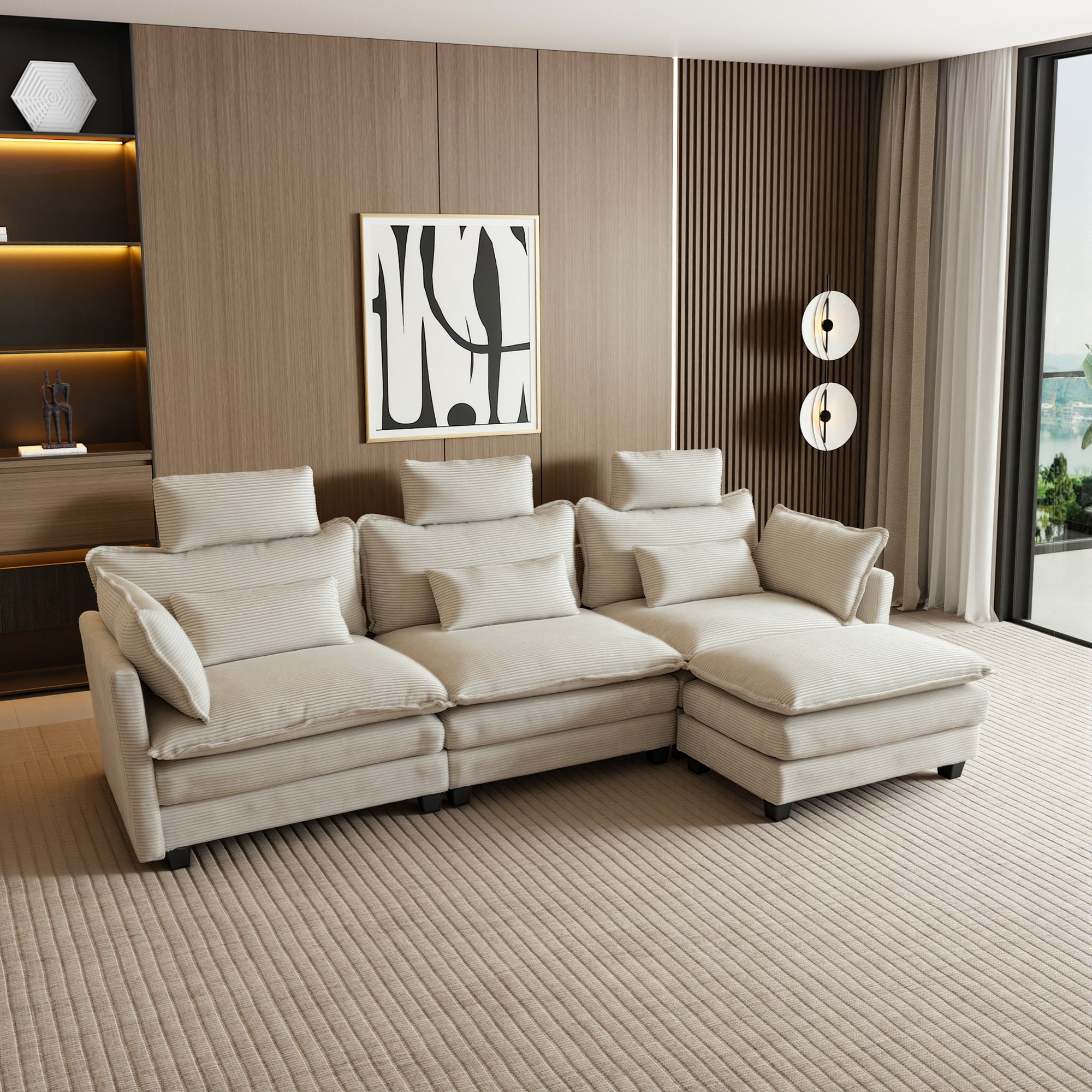 112" L-Shaped Modular Sectional Sofa with Ottoman, Corduroy Cloud Couches with Memory Foam and Pillows Sets, Upholstered 3-Seater Sofa for Living Room
