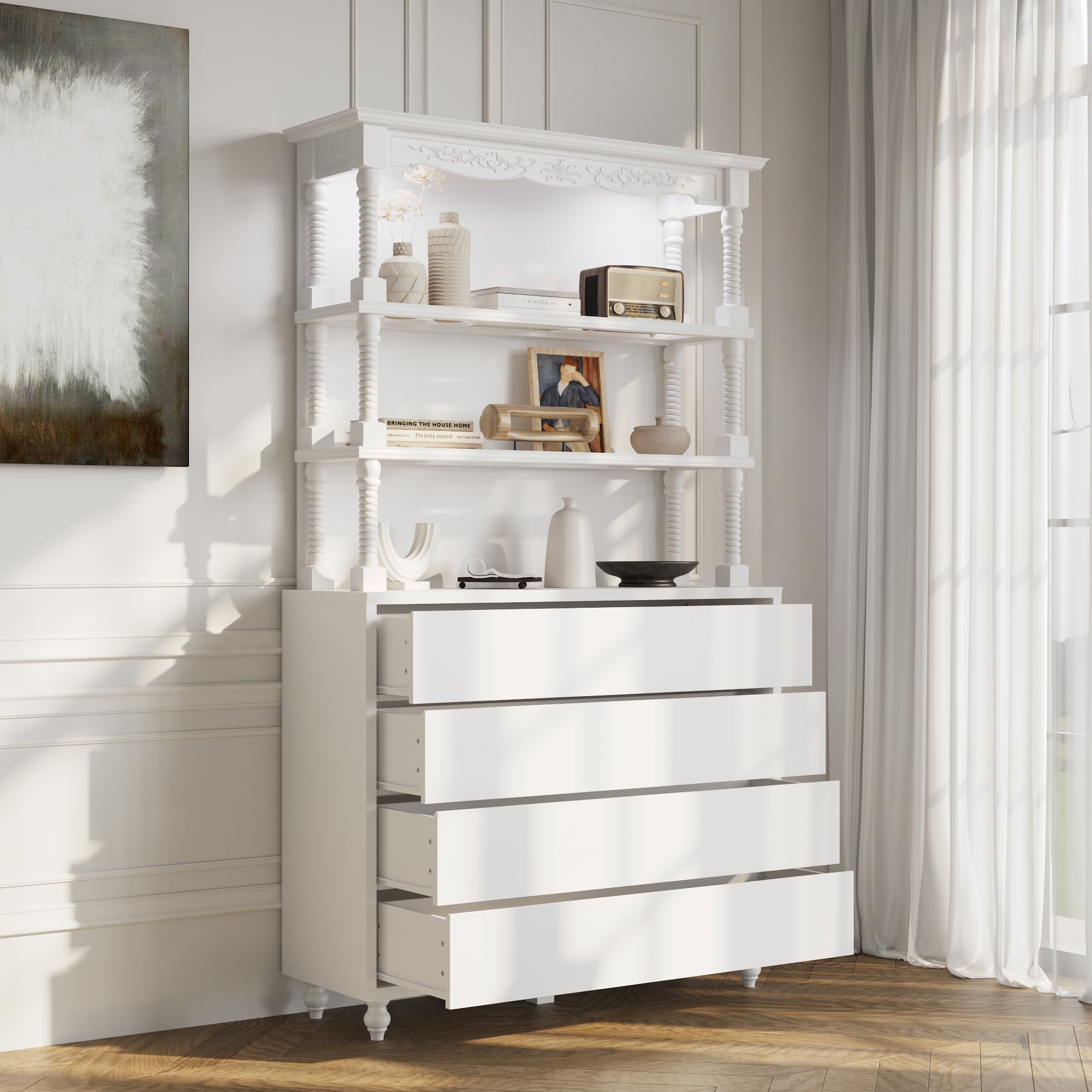 Elegant White Storage Cabinet With Adjustable Lighting