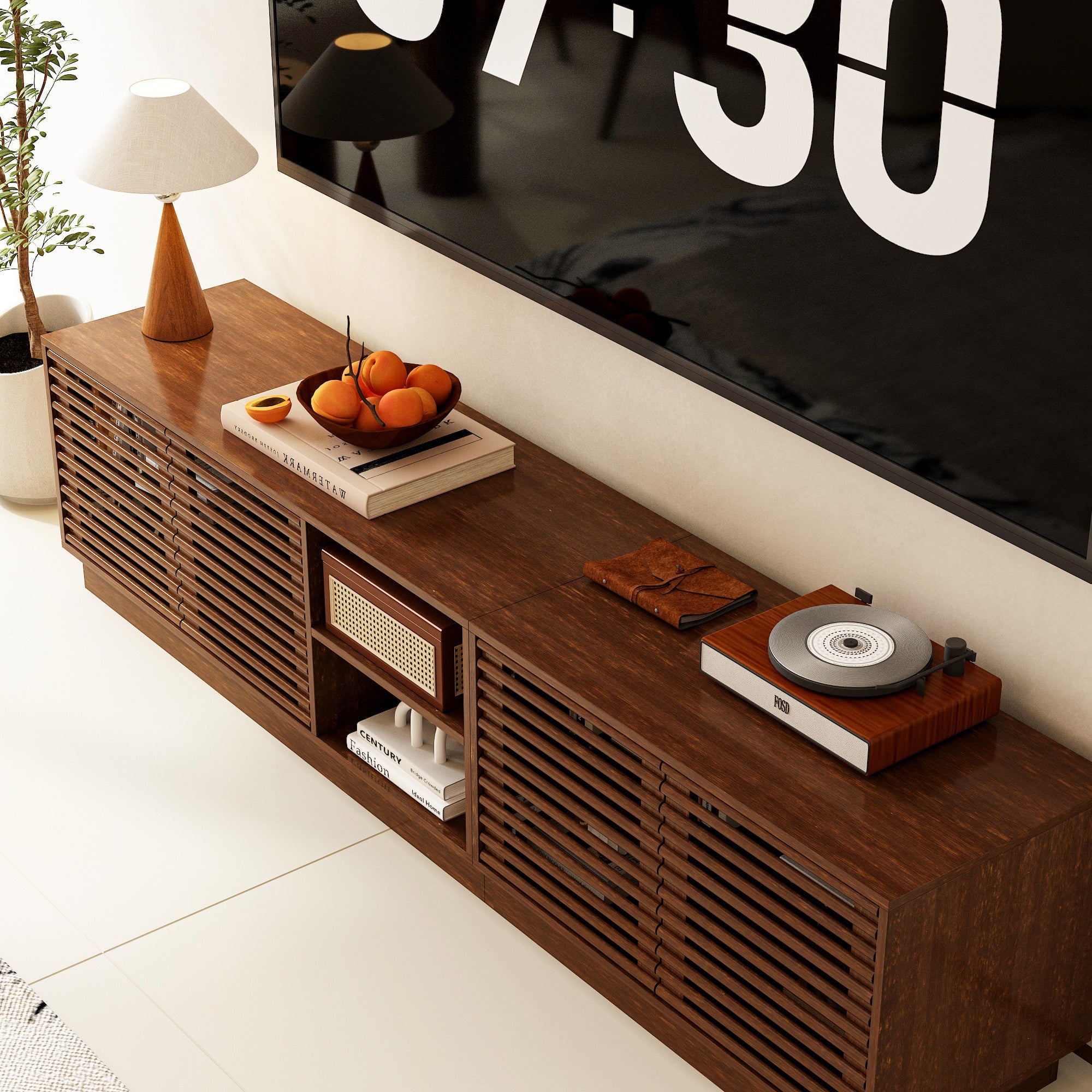 Mid-Century Modern TV Stand With Slatted Doors, Open Shelves, And Cable Management