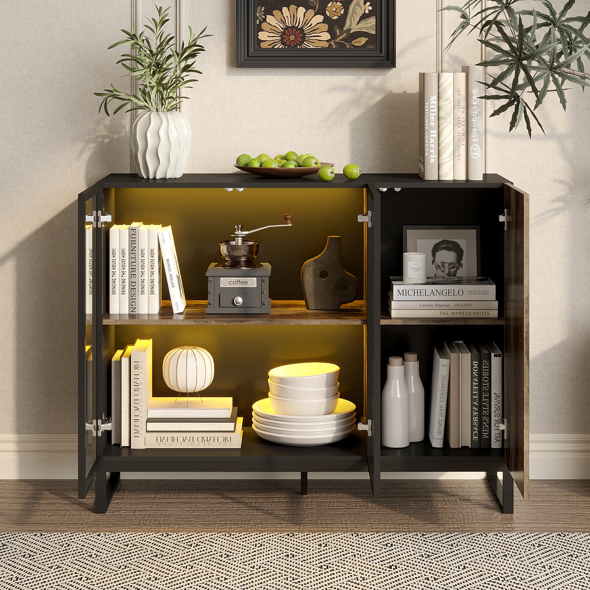 47.2 inch Black Sideboard Buffet Cabinet with LED Lights and Glass Doors