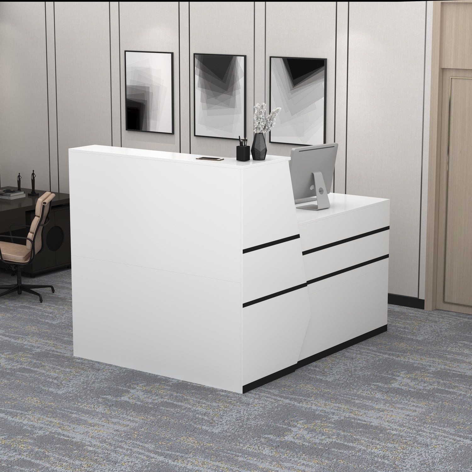 Reception Desk Front Counter Desk with Lockable Drawer & Bookshelf