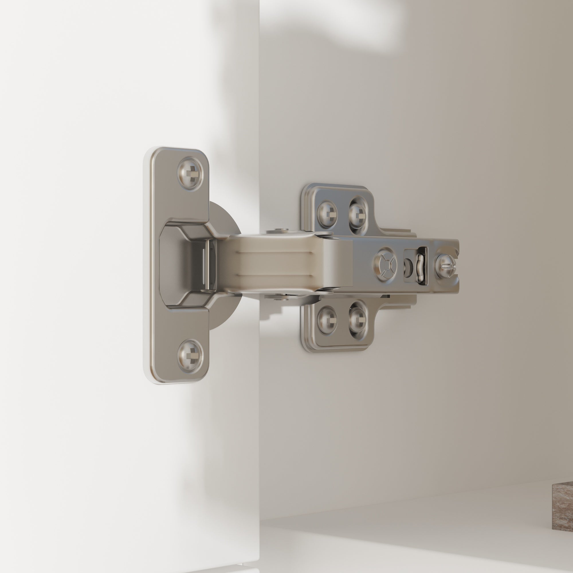 White nail polish storage cabinet with clear drawers, shelves, and side cabinet door