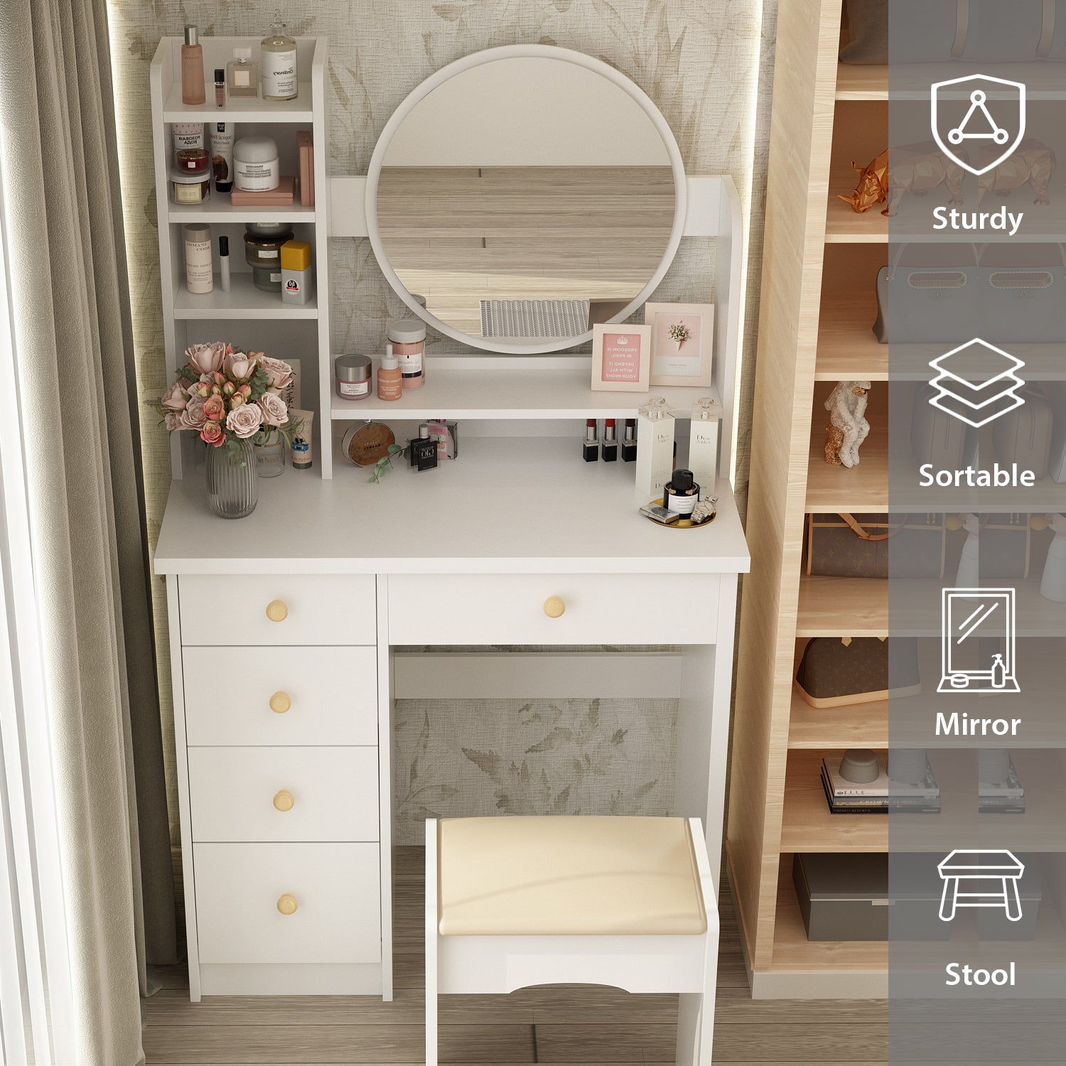 Makeup Vanity Set with Cushioned Stool, 5 Drawers & Display Shelves