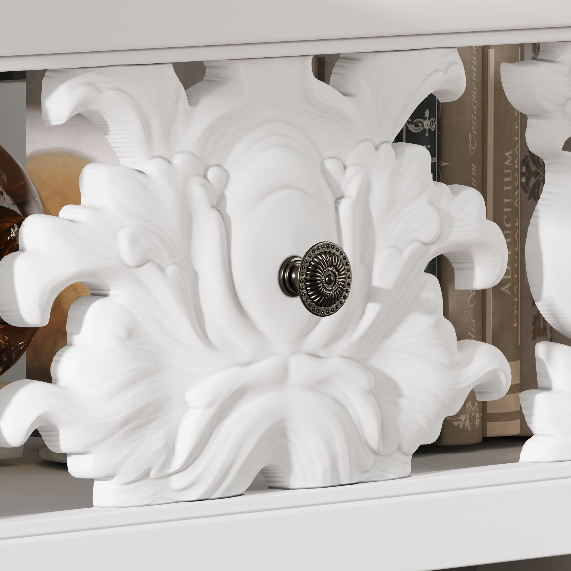 Dining room with a white ornate cabinet and wooden table