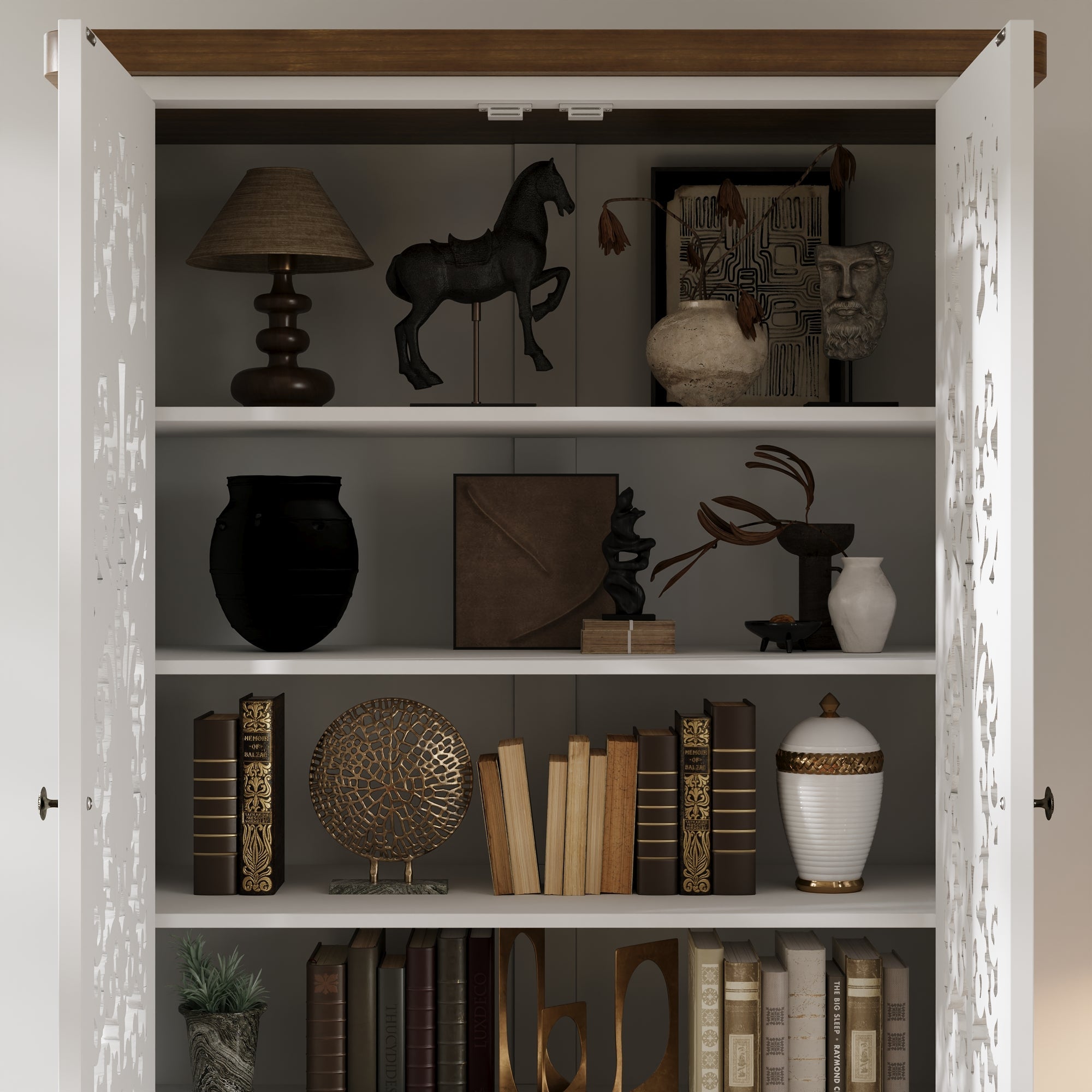 Dining room with a white ornate cabinet and wooden table